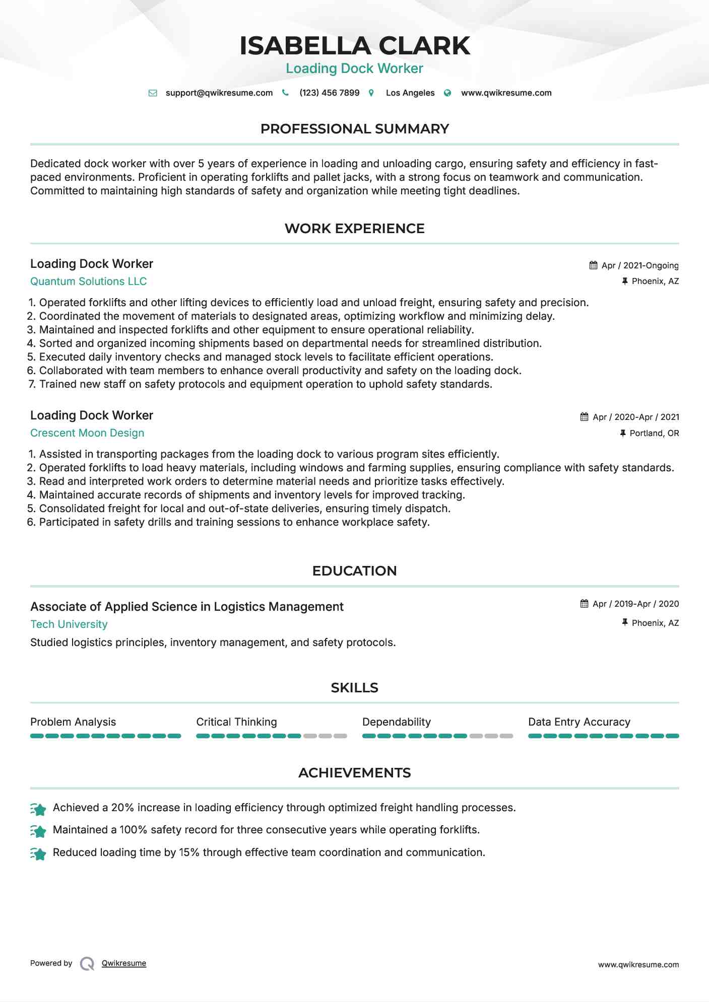 Loading Dock Worker Resume Samples QwikResume
