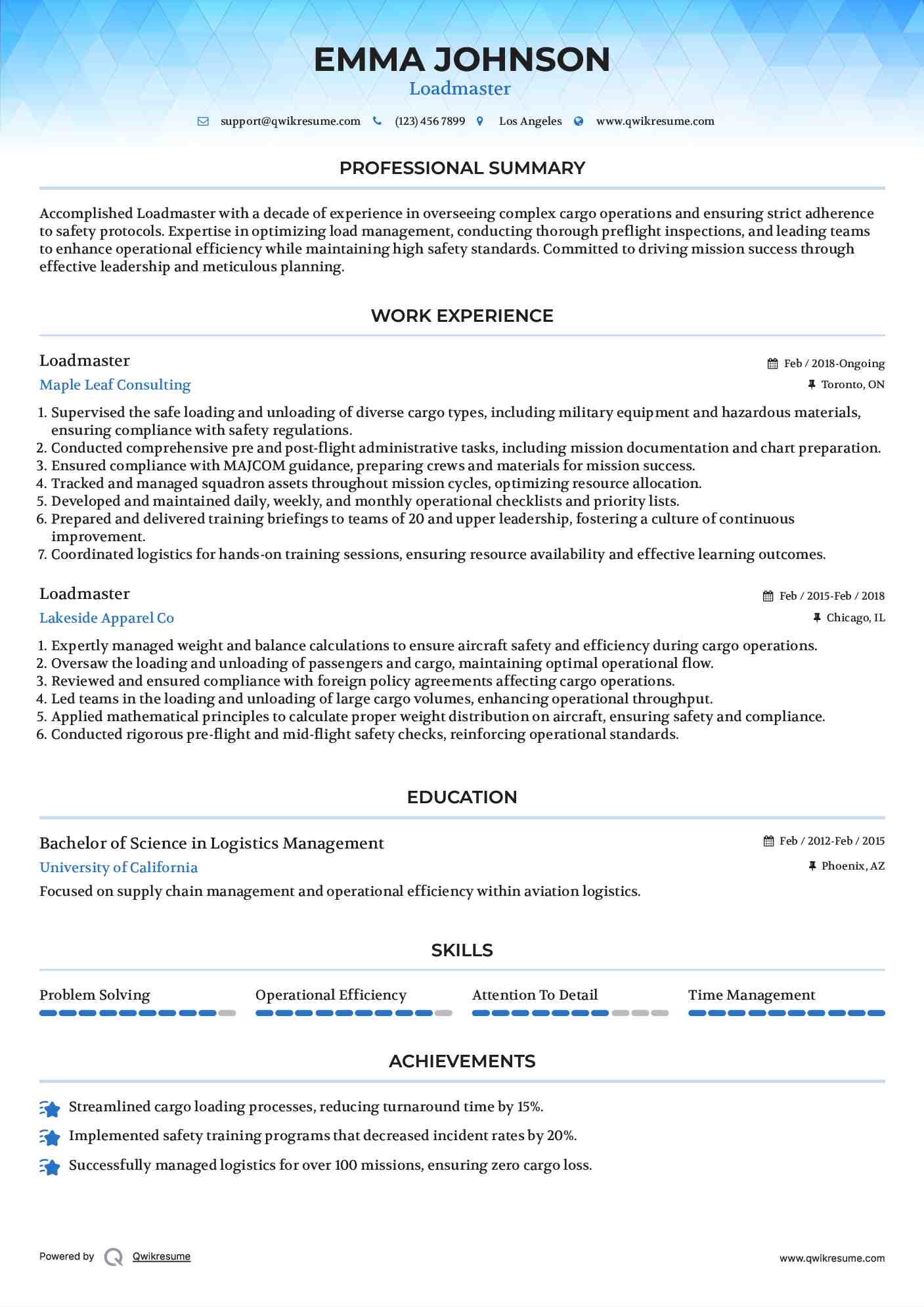 Loadmaster  Resume Example