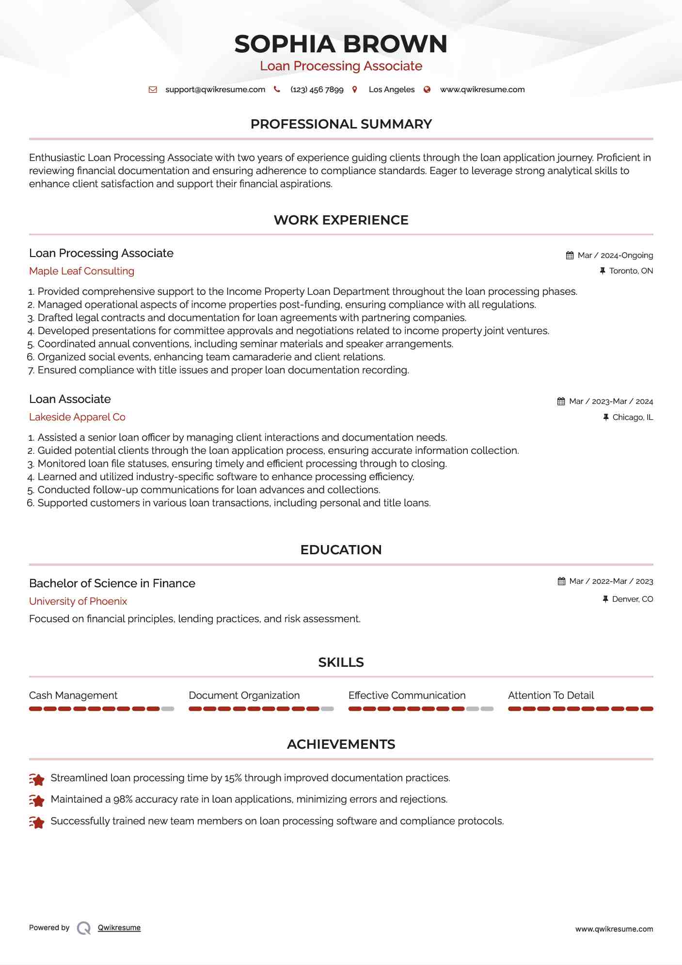 Loan Processing Associate Resume Sample