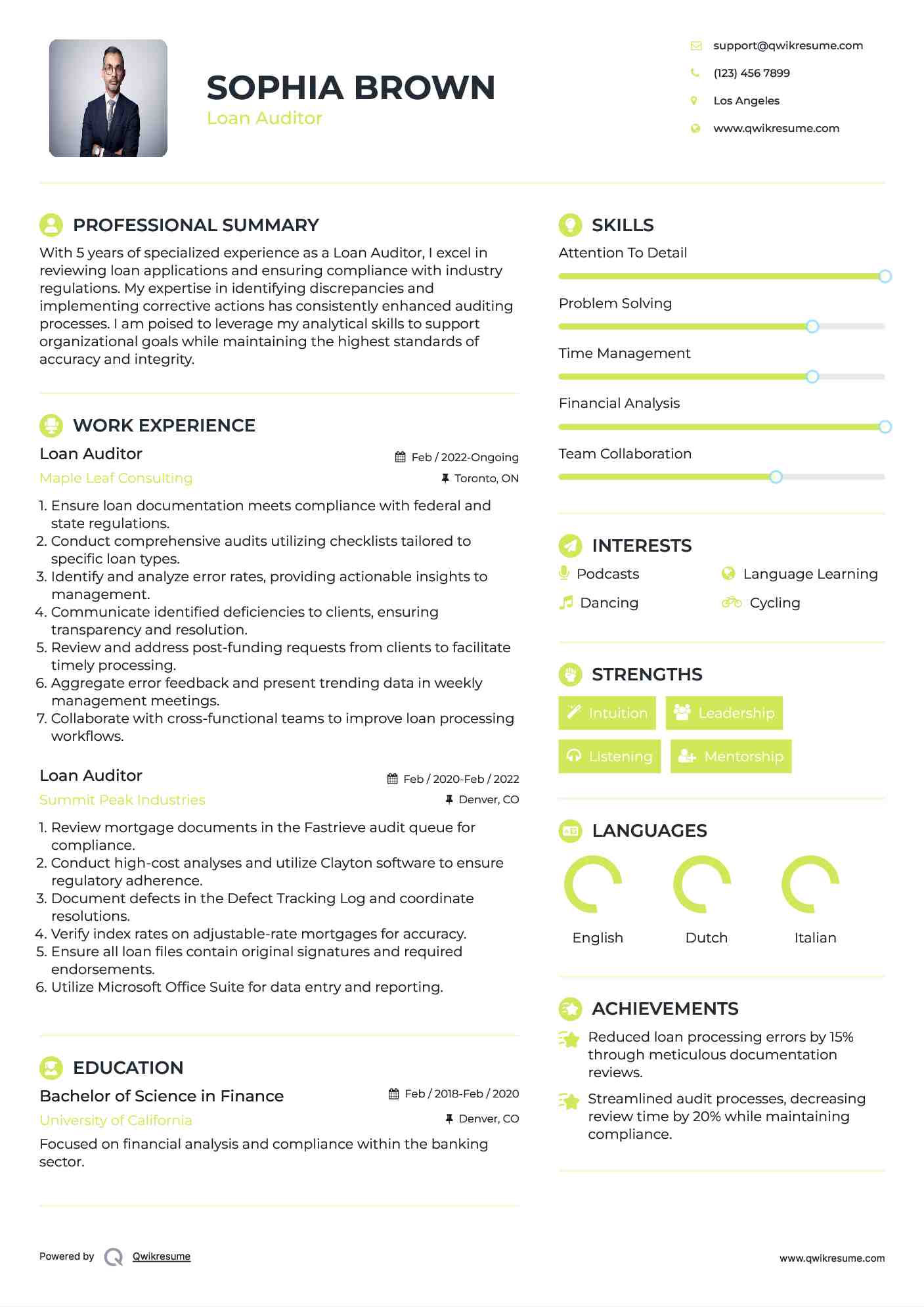 Loan Auditor Resume Sample