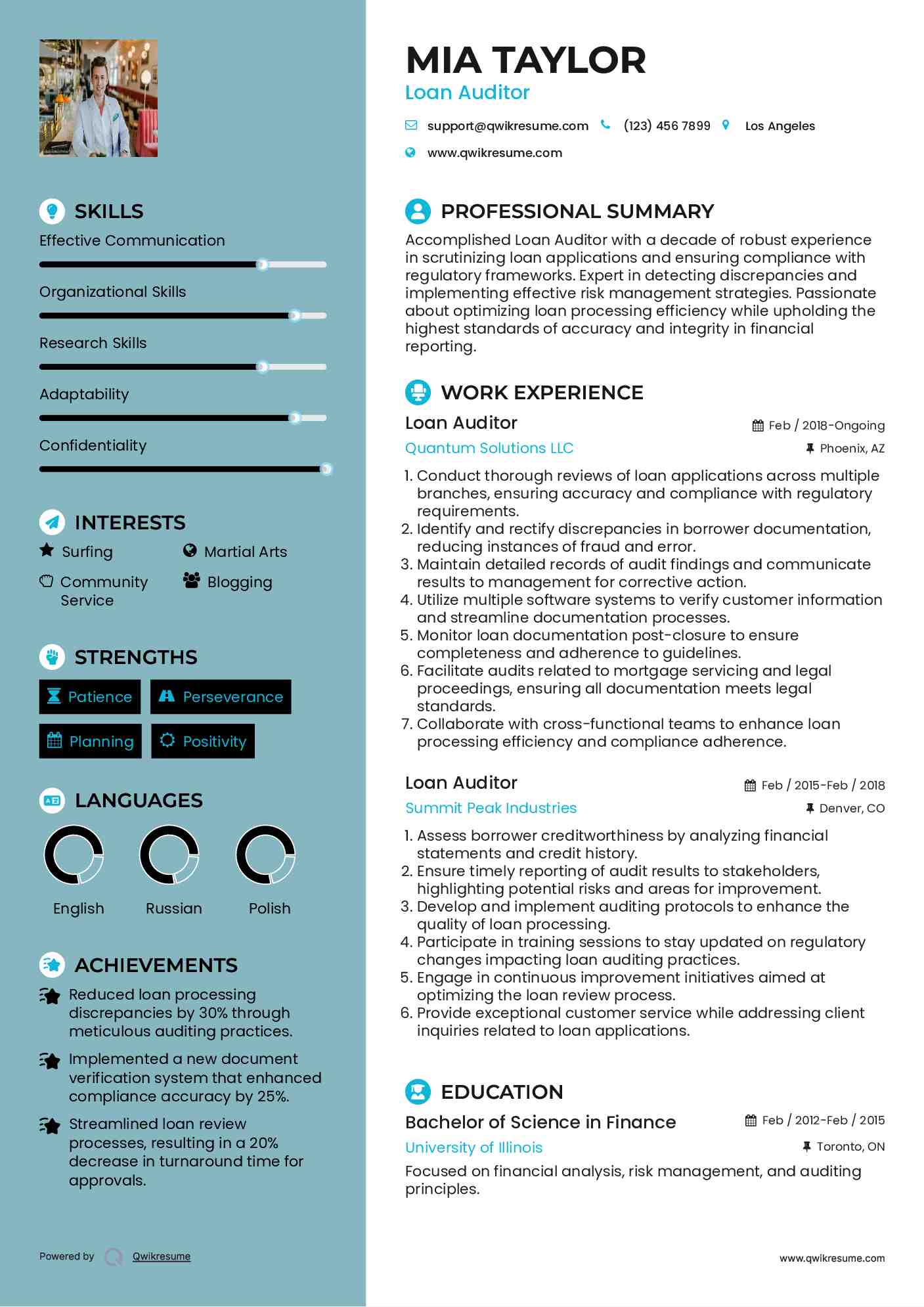 Loan Auditor Resume Example