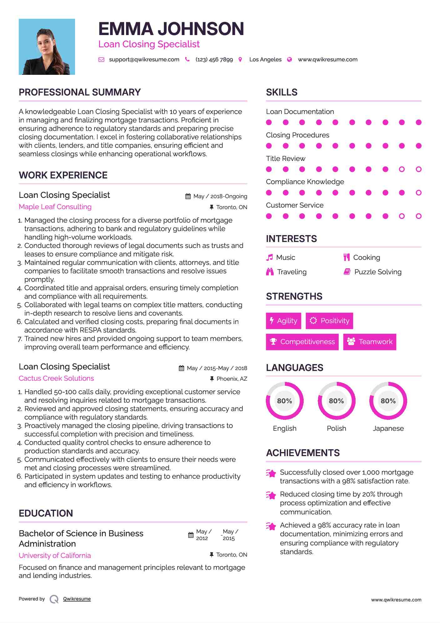 Loan Closing Specialist Resume Format