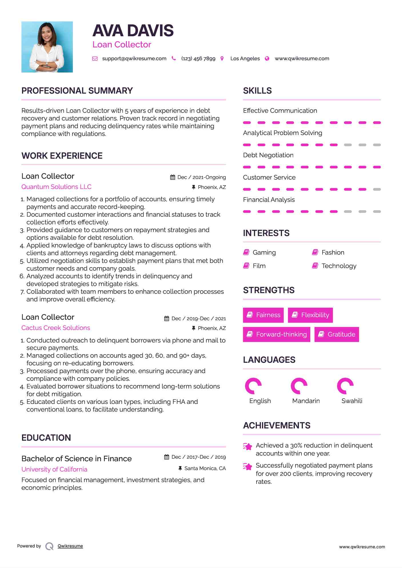 Loan Collector Resume Model