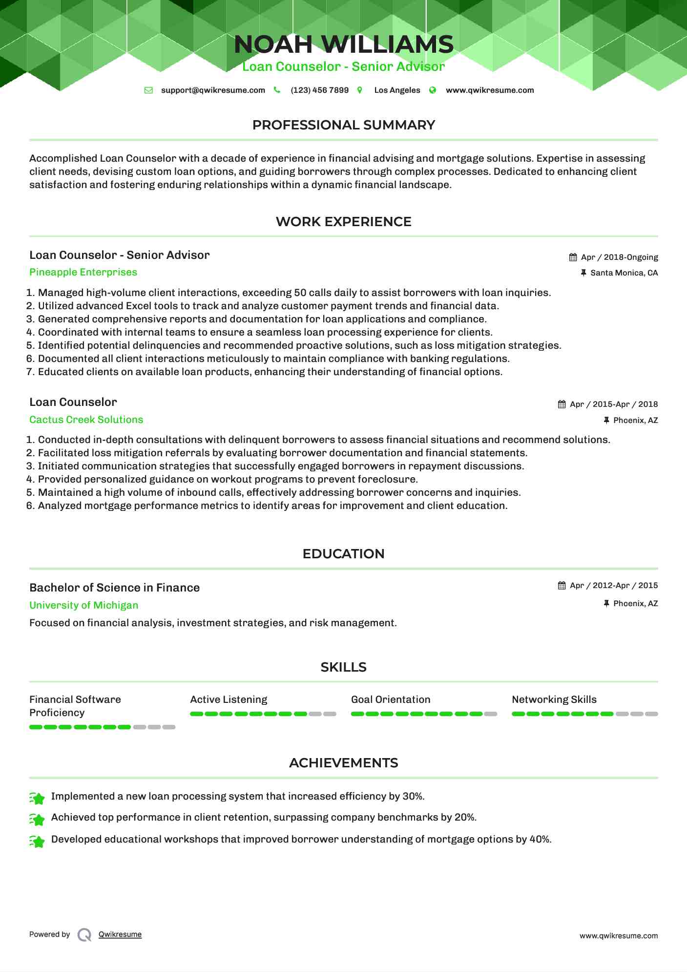 Loan Counselor - Senior Advisor Resume Example