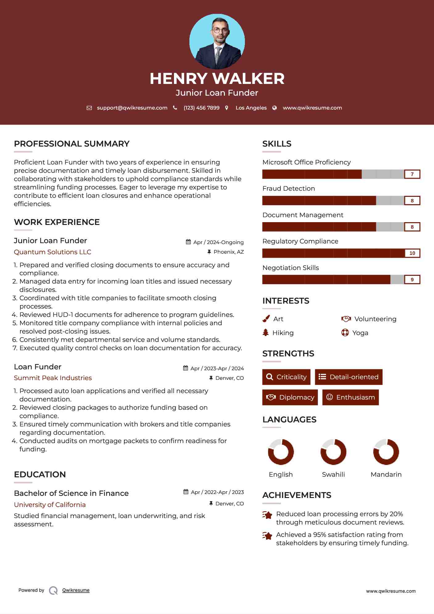 Junior Loan Funder Resume Example