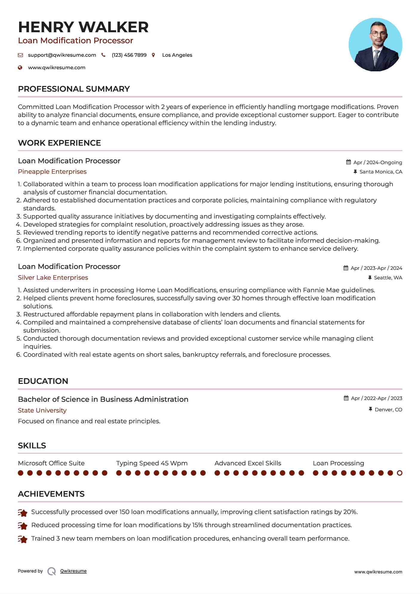 Loan Modification Processor Resume Example