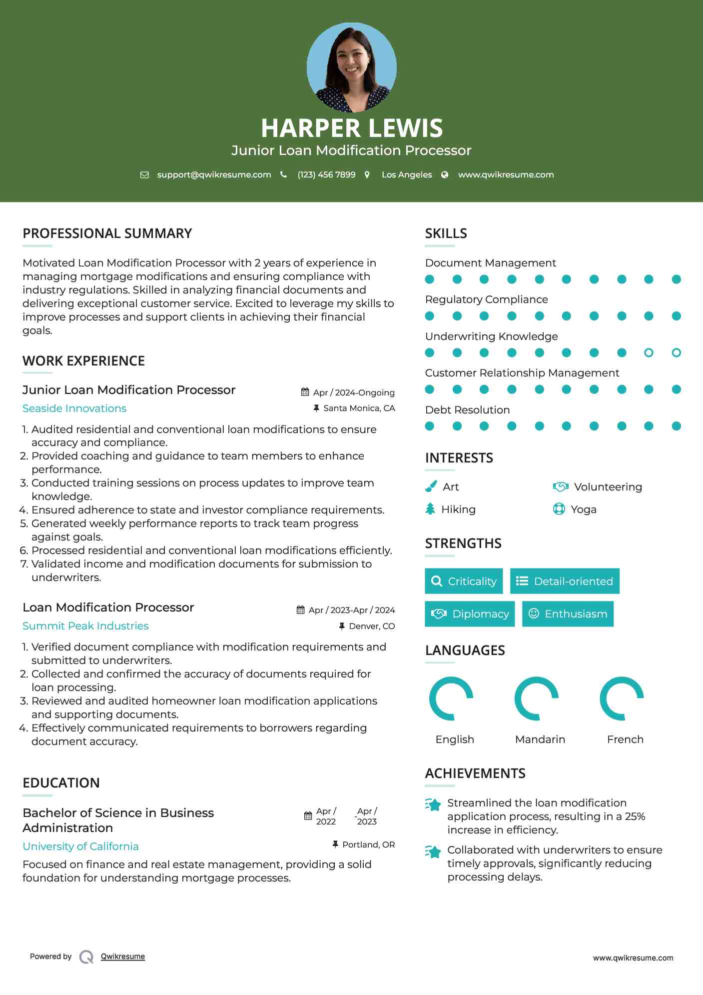 Junior Loan Modification Processor Resume Example