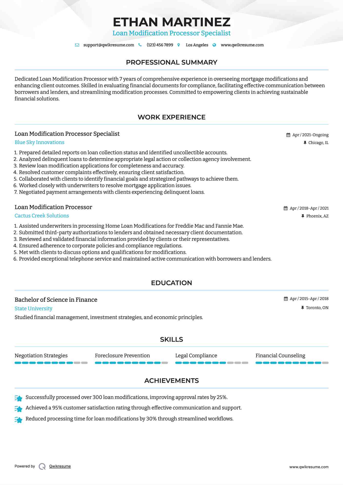 Loan Modification Processor Specialist Resume Template