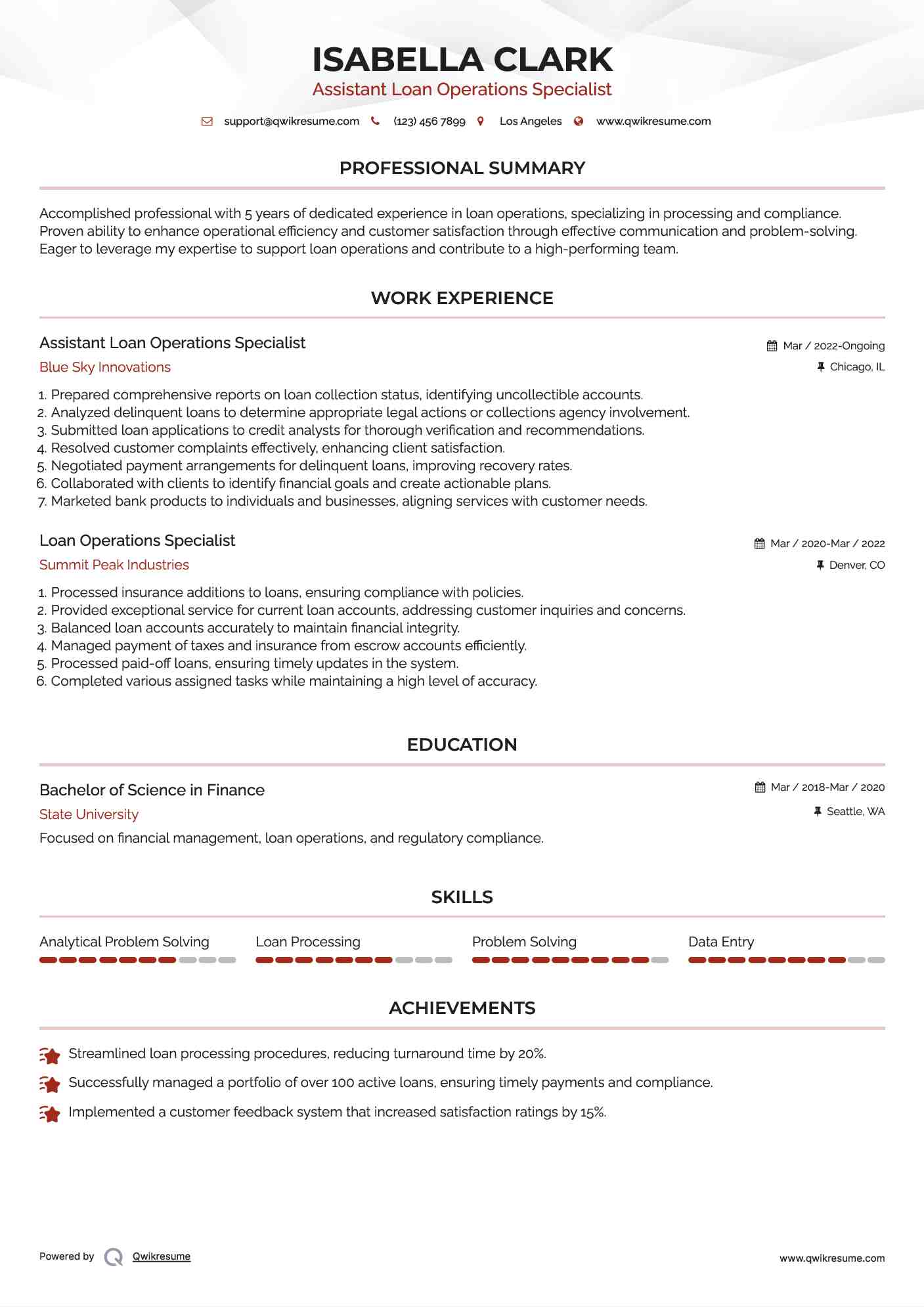 Assistant Loan Operations Specialist Resume Format