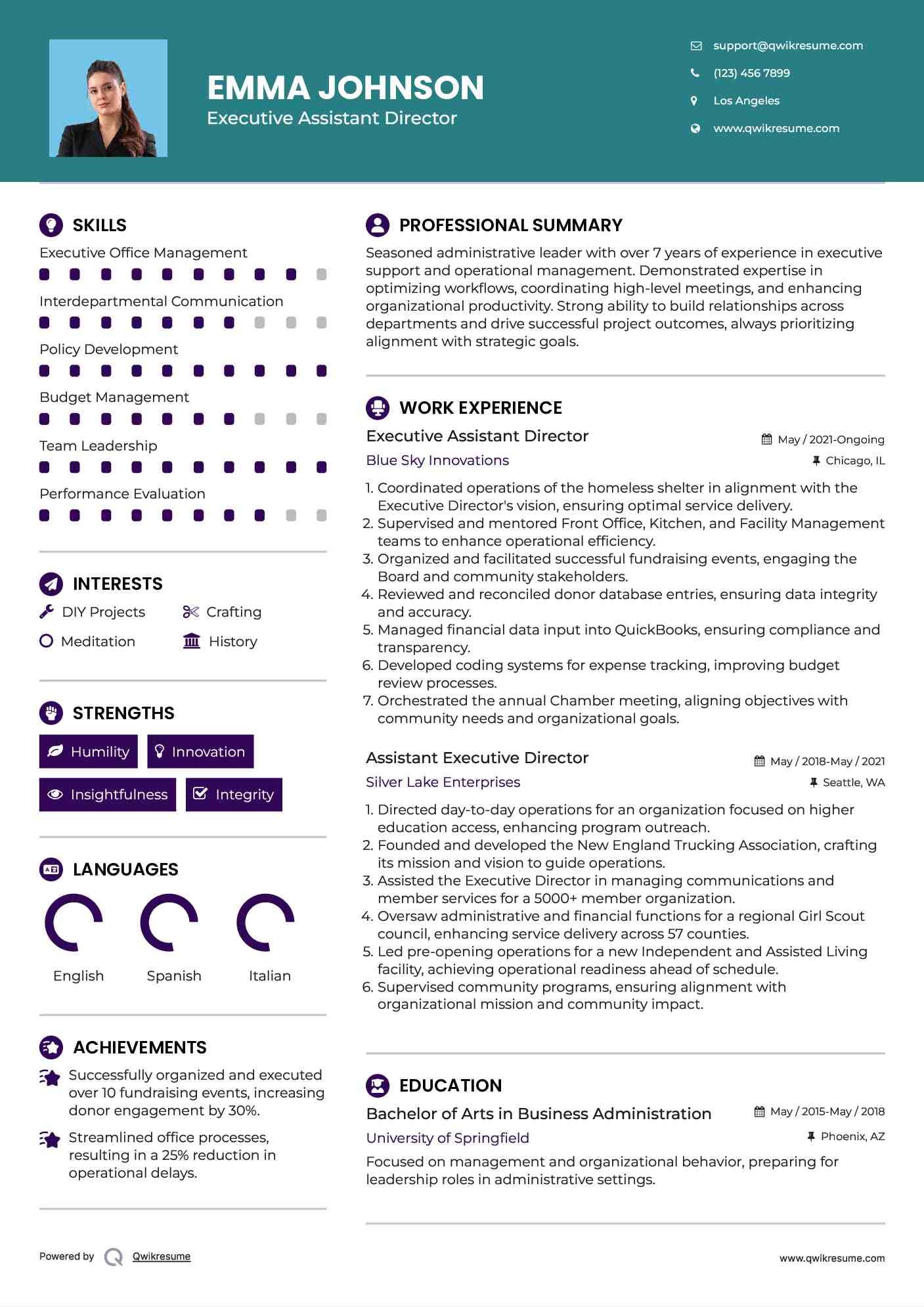 Executive Assistant Director Resume Example