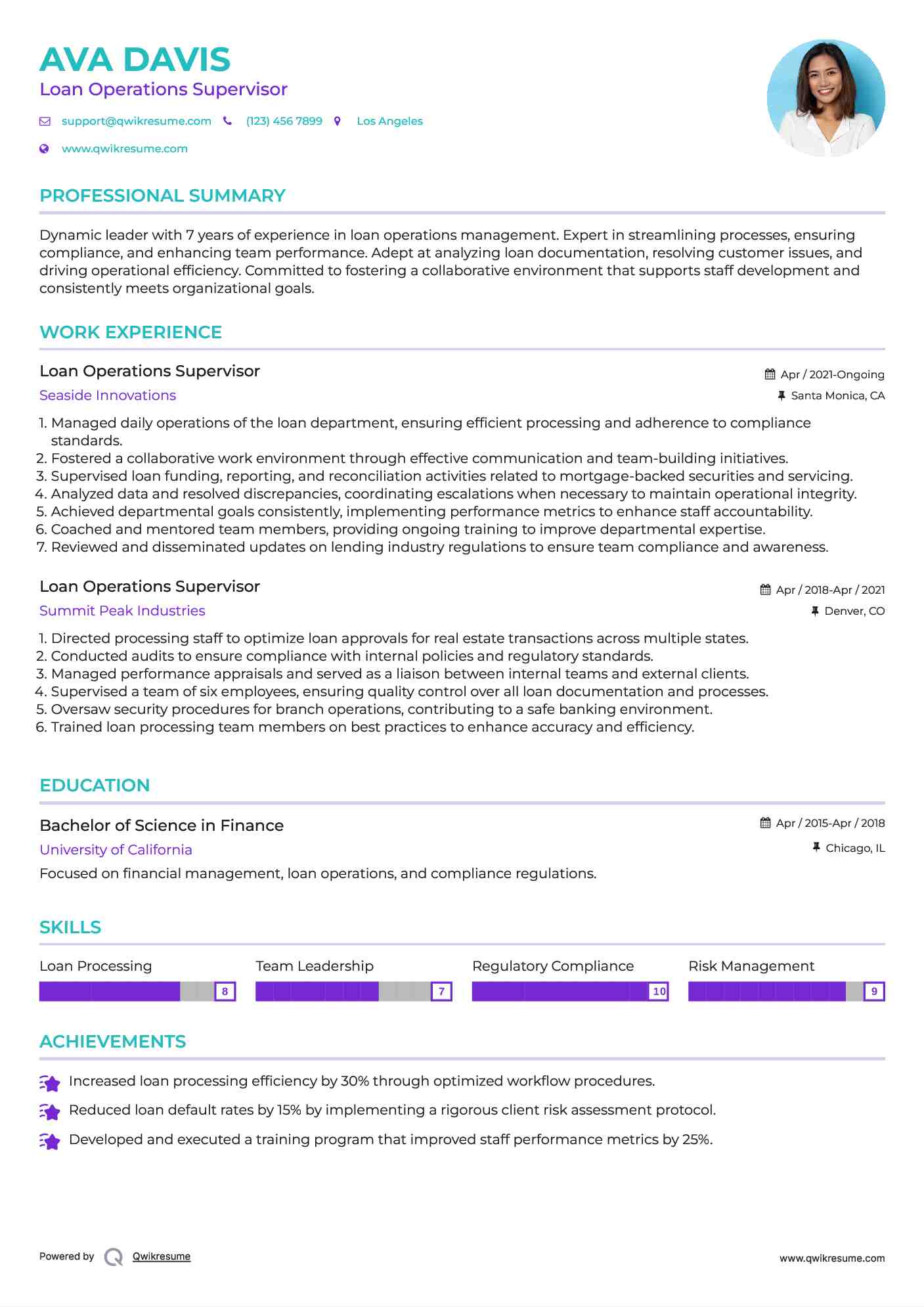 Loan Operations Supervisor Resume Example
