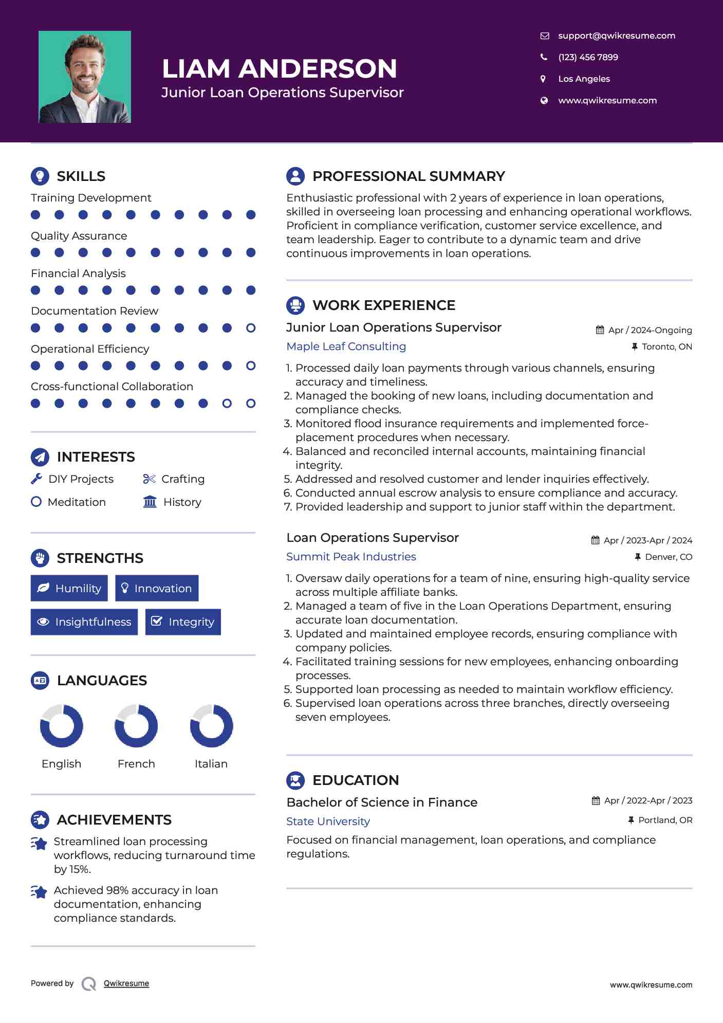 Junior Loan Operations Supervisor Resume Example