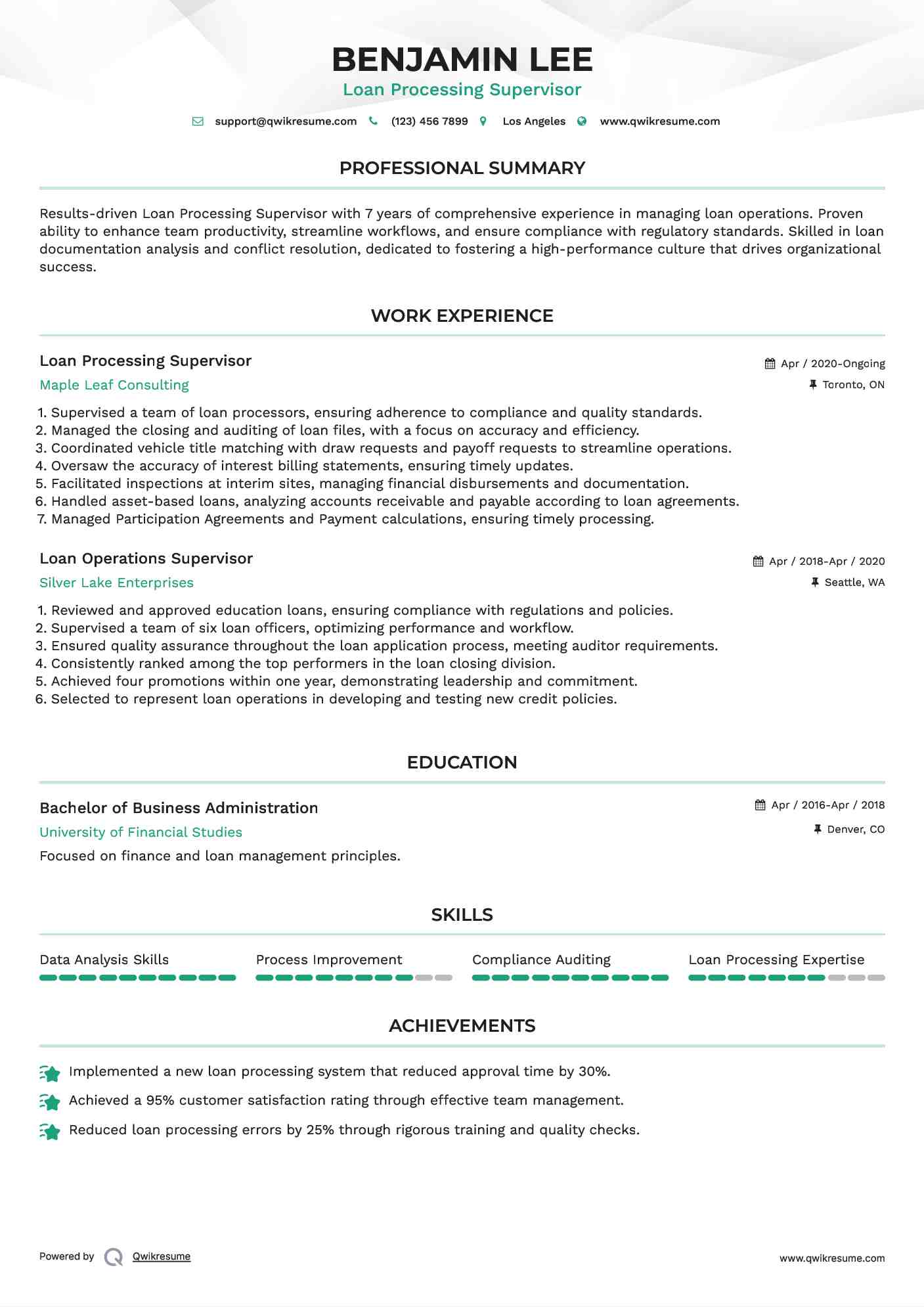 Loan Processing Supervisor Resume Format
