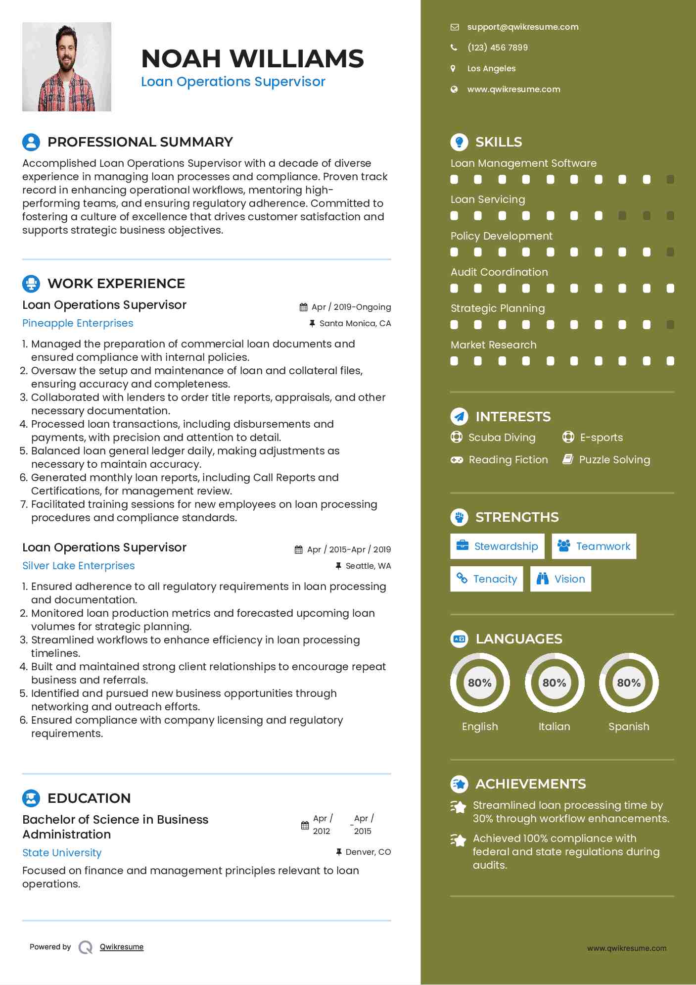 Loan Operations Supervisor Resume Sample