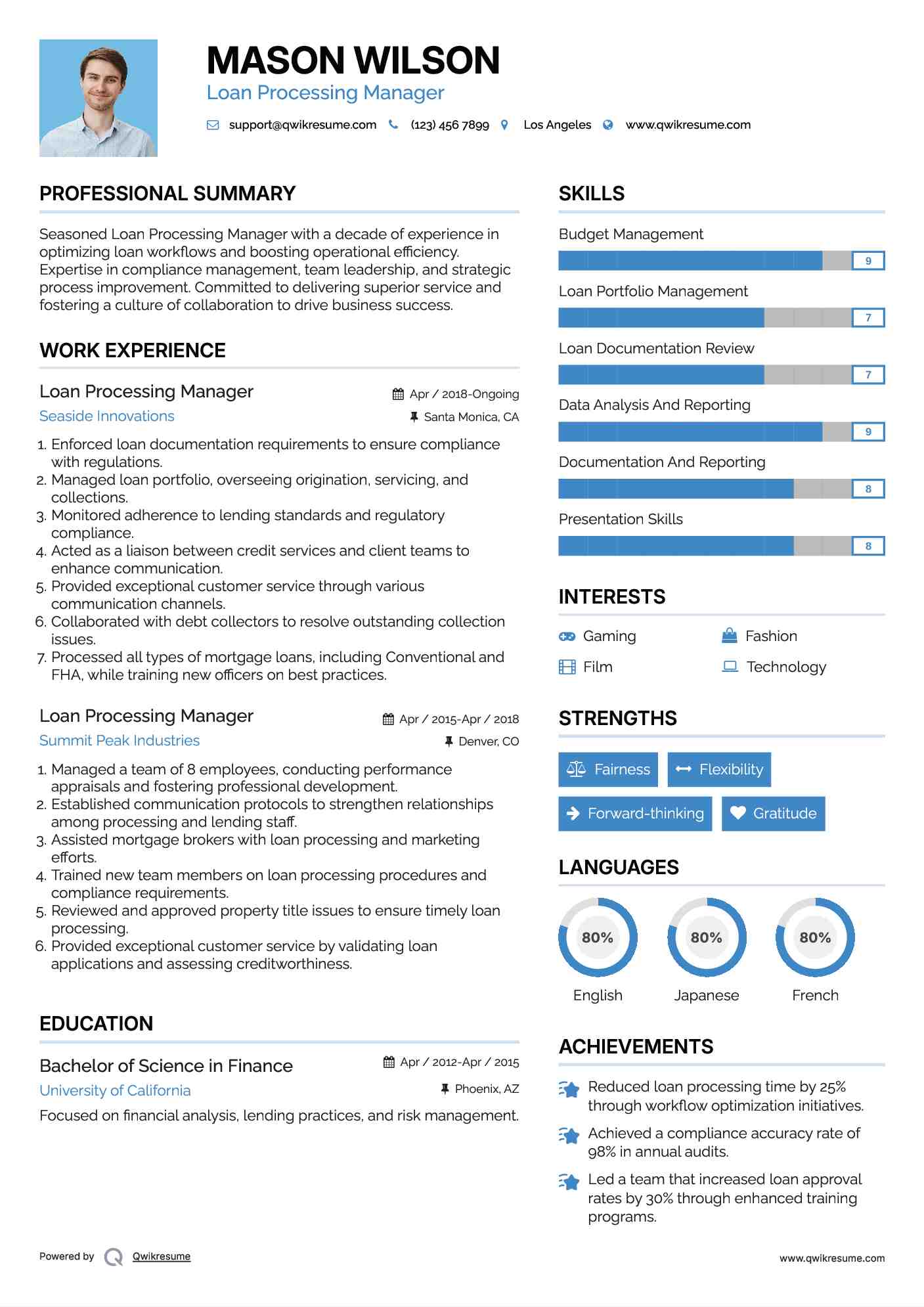 Loan Processing Manager Resume Sample