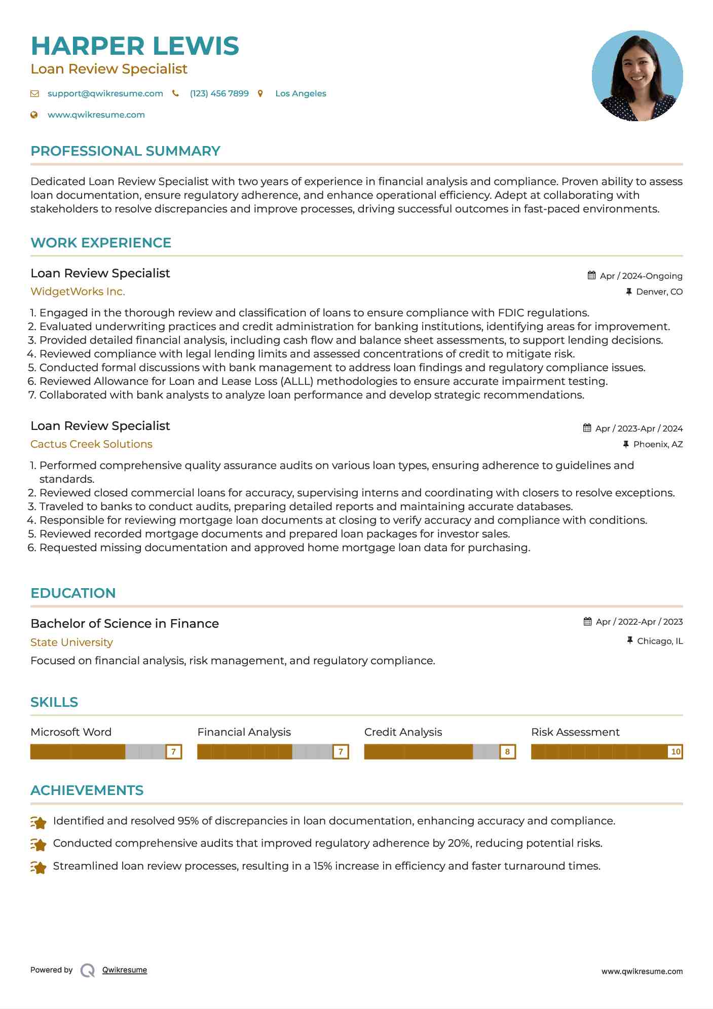 Loan Review Specialist Resume Sample