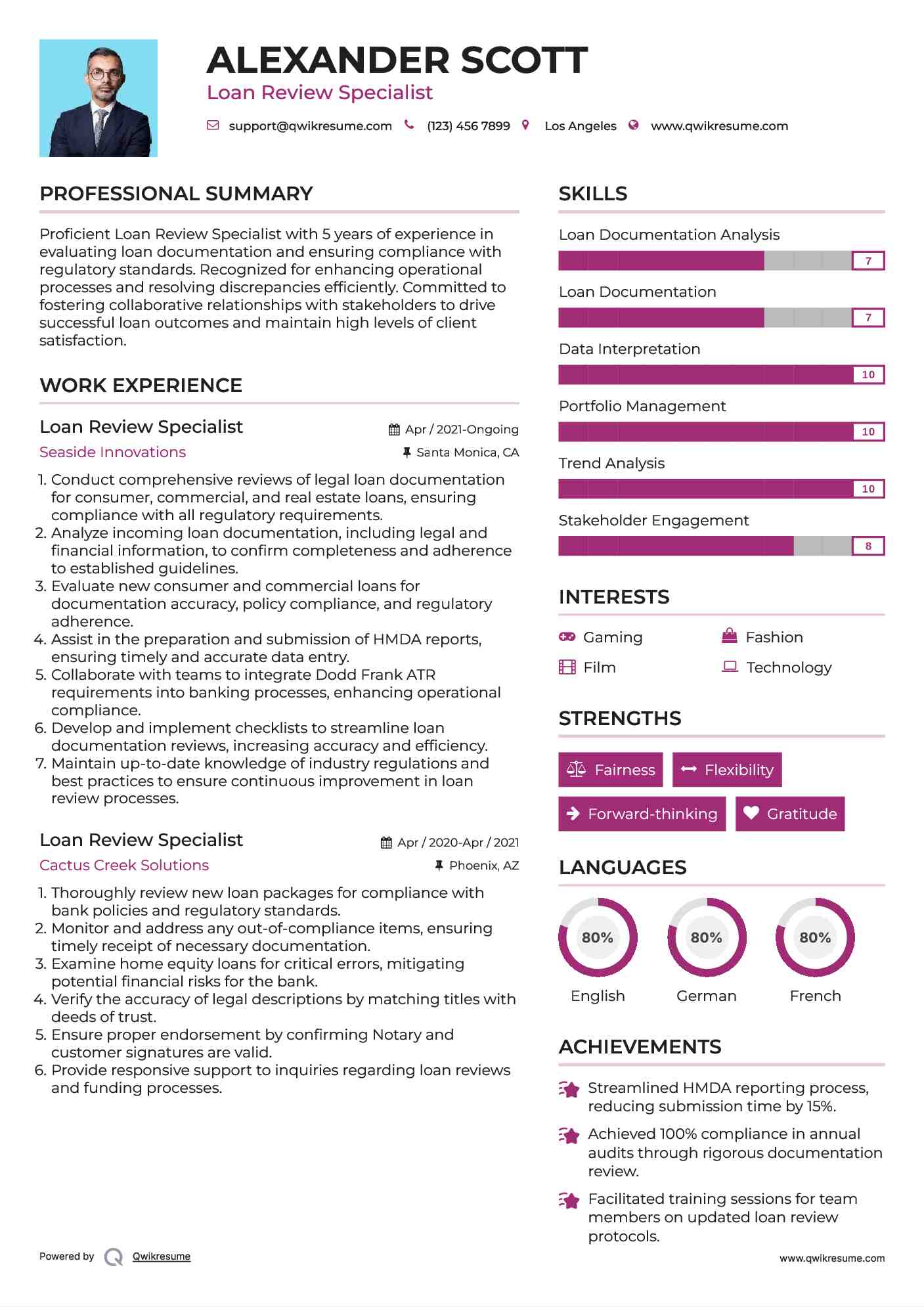 Loan Review Specialist Resume Sample