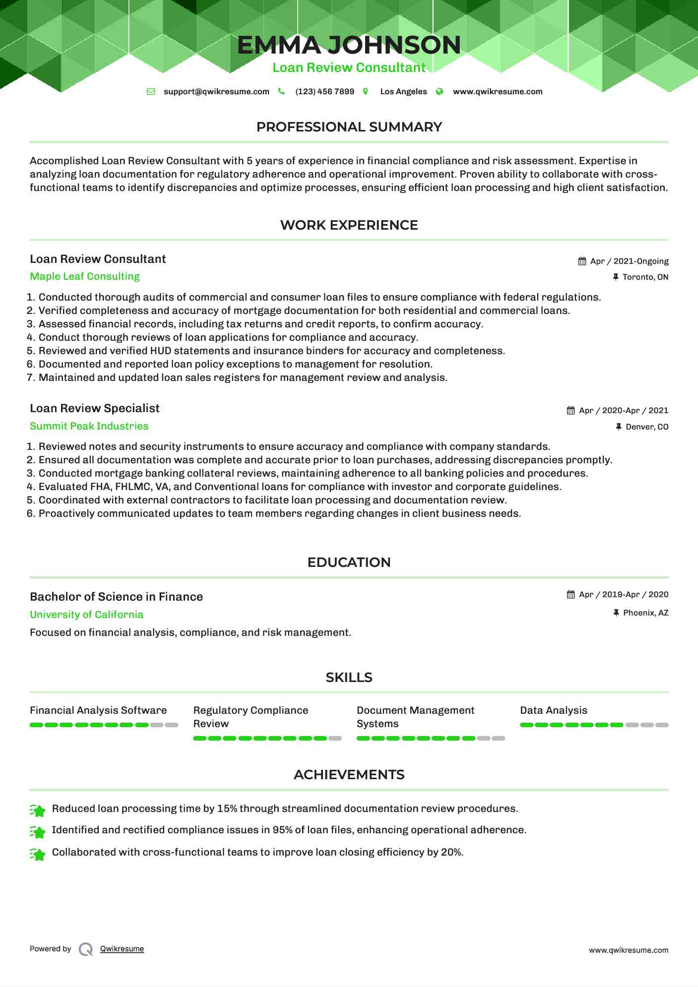 Loan Review Consultant Resume Format