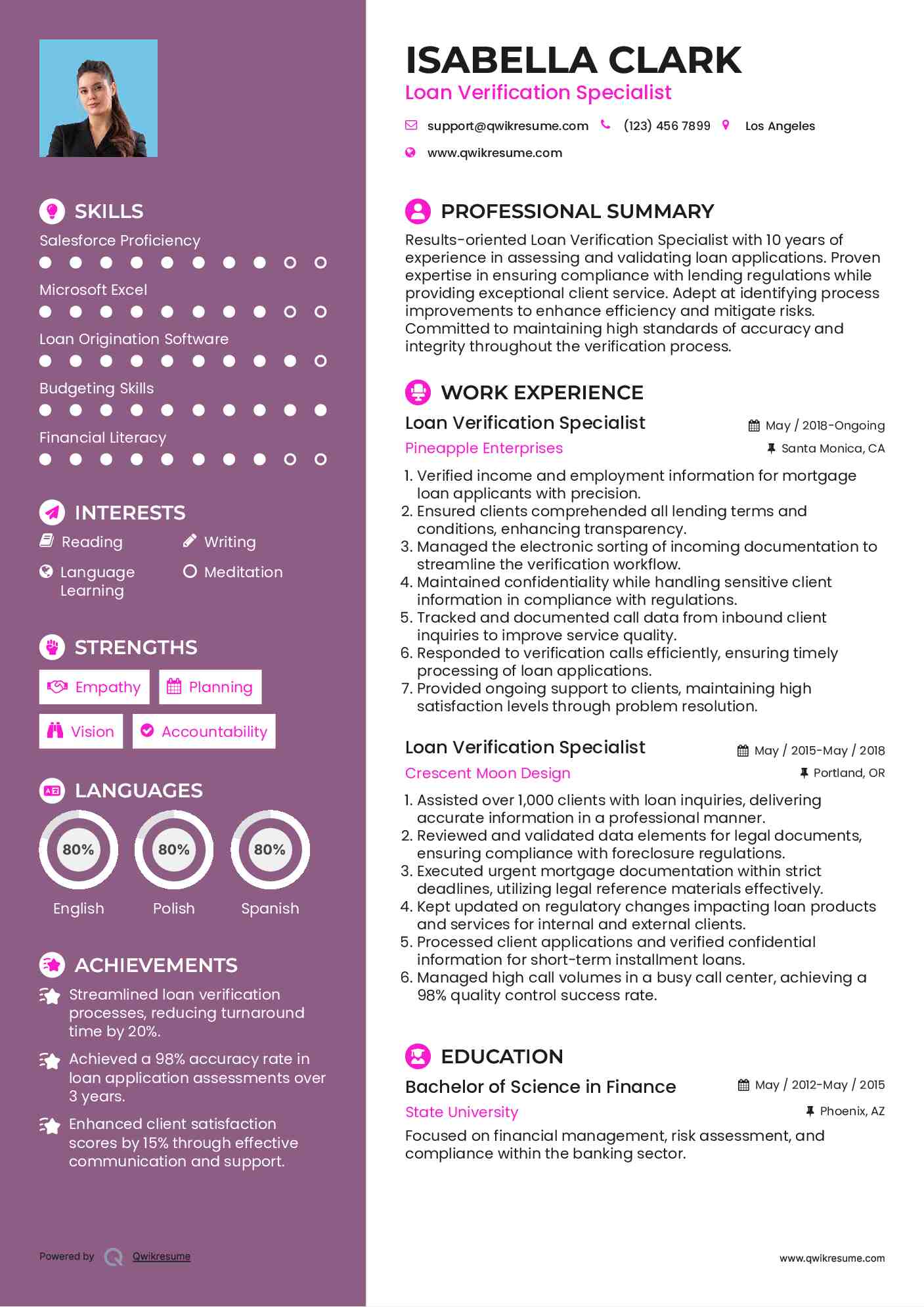 Loan Verification Specialist Resume Format