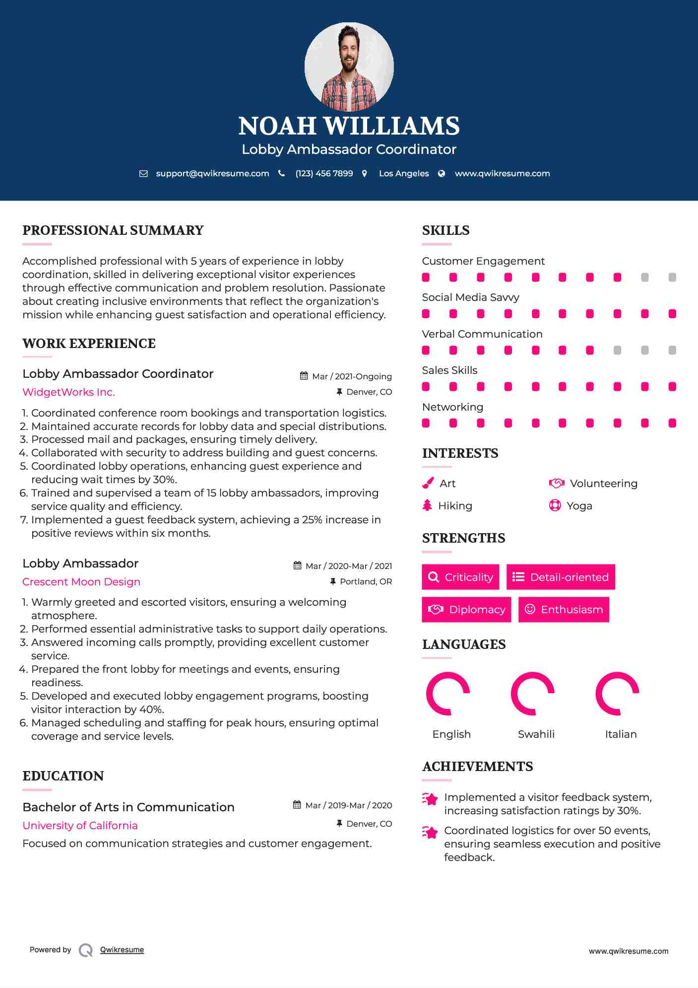 Lobby Ambassador Coordinator Resume Model