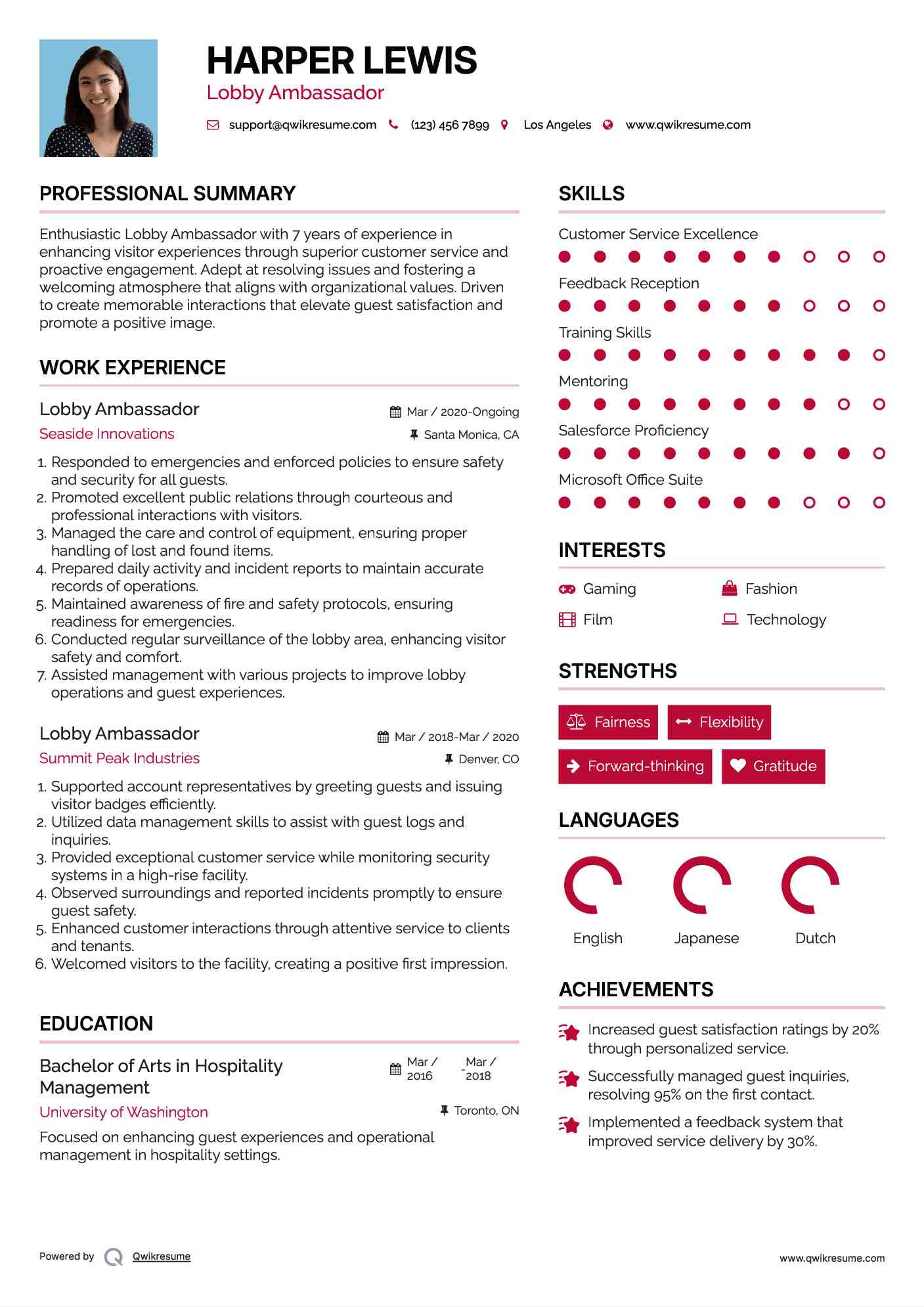 Lobby Ambassador Resume Example