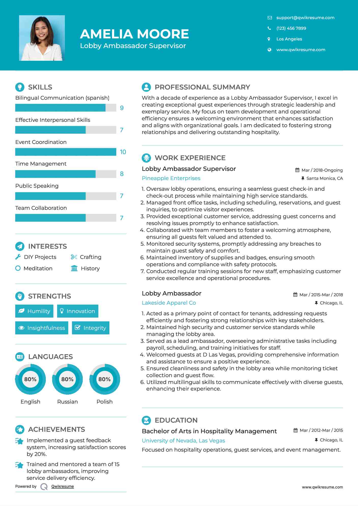 Lobby Ambassador Supervisor Resume Sample