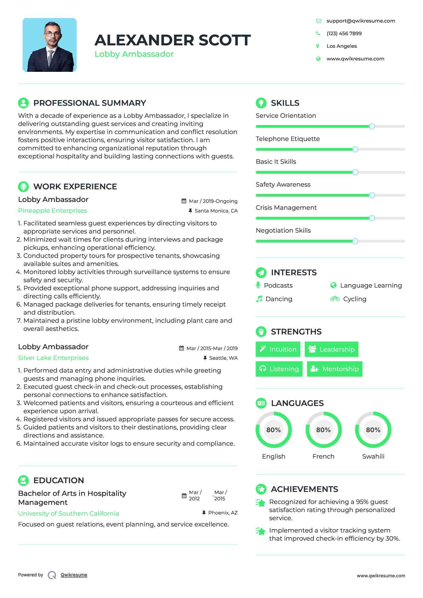 Lobby Ambassador Resume Format