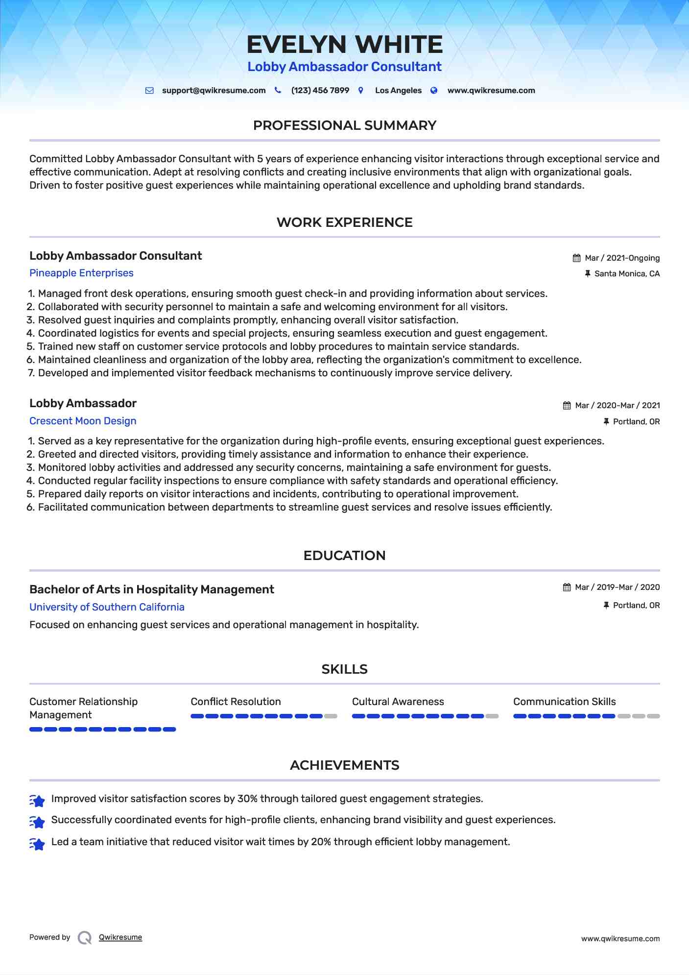 Lobby Ambassador Consultant Resume Template