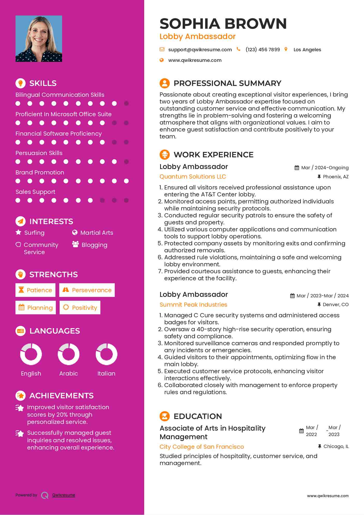 Lobby Ambassador Resume Model