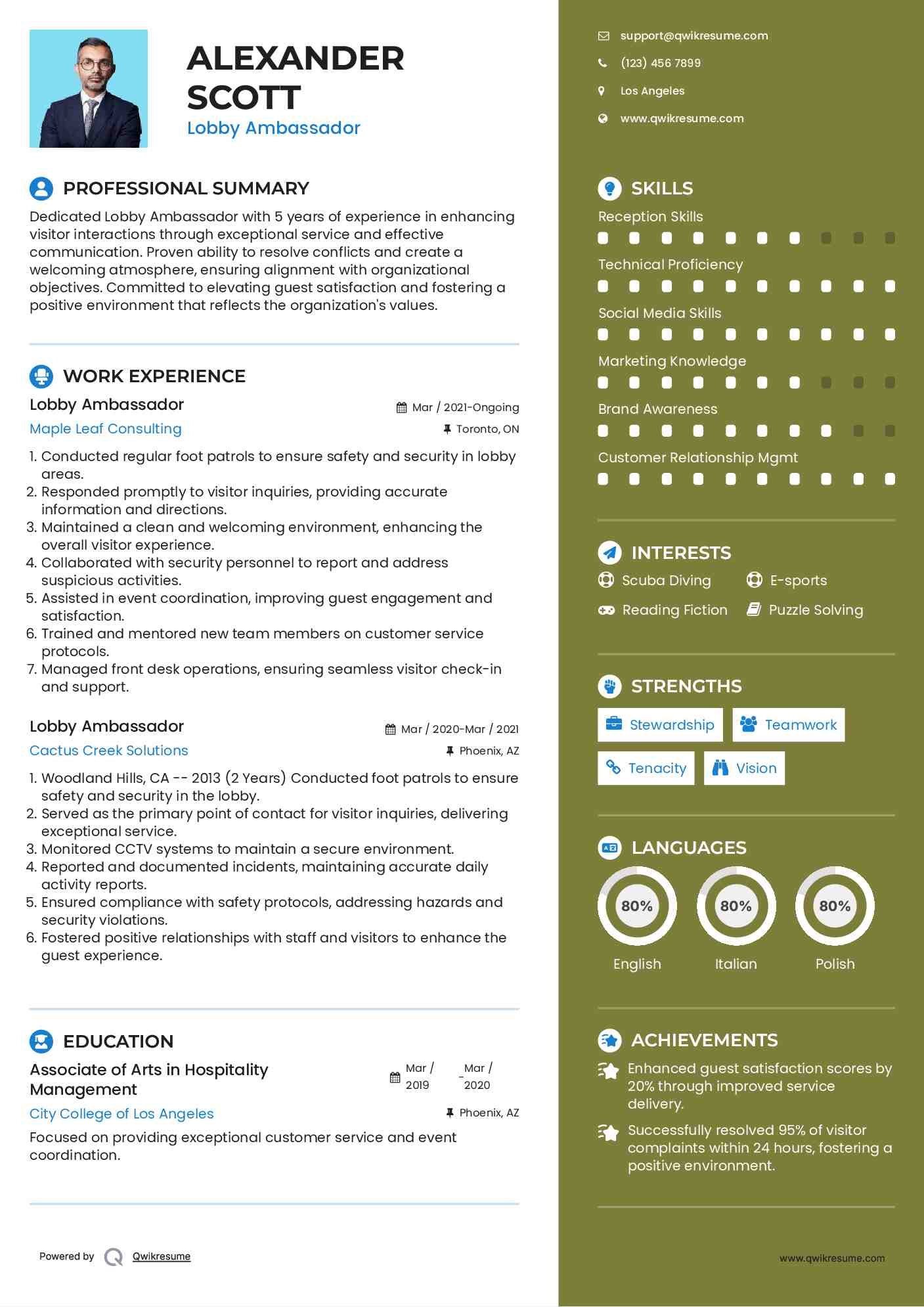 Lobby Ambassador Resume Sample