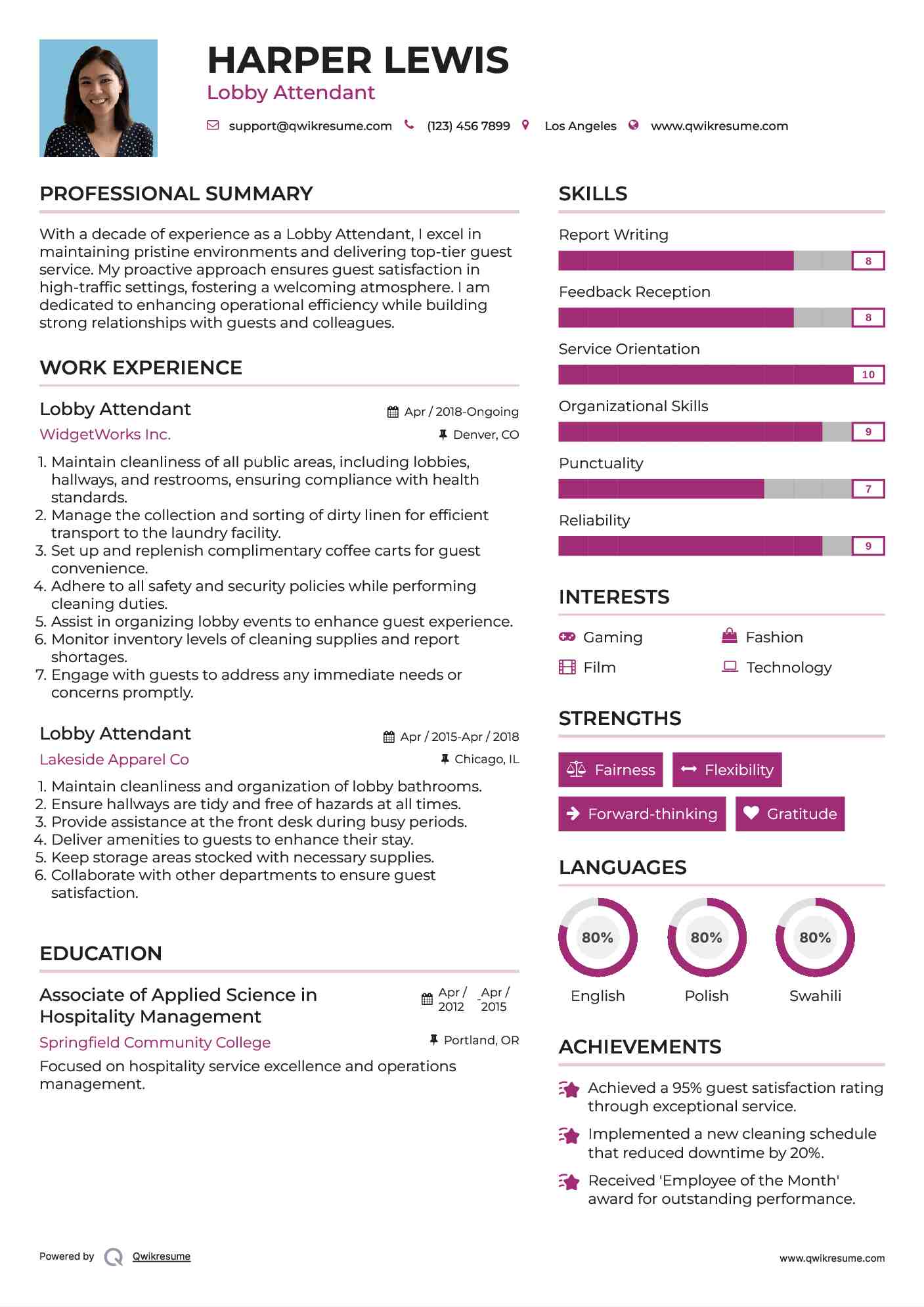 Lobby Attendant Resume Template