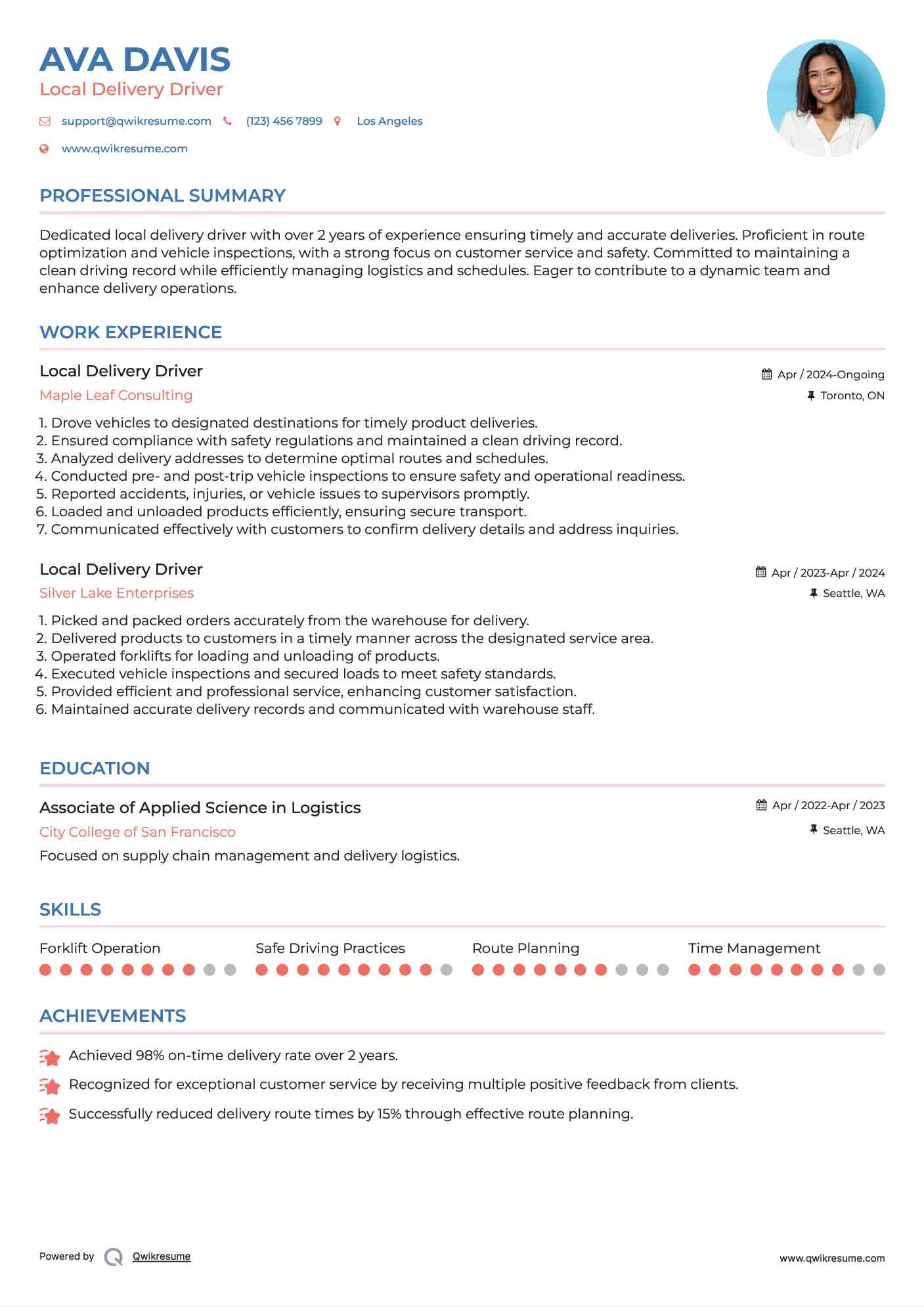 Local Delivery Driver Resume Sample