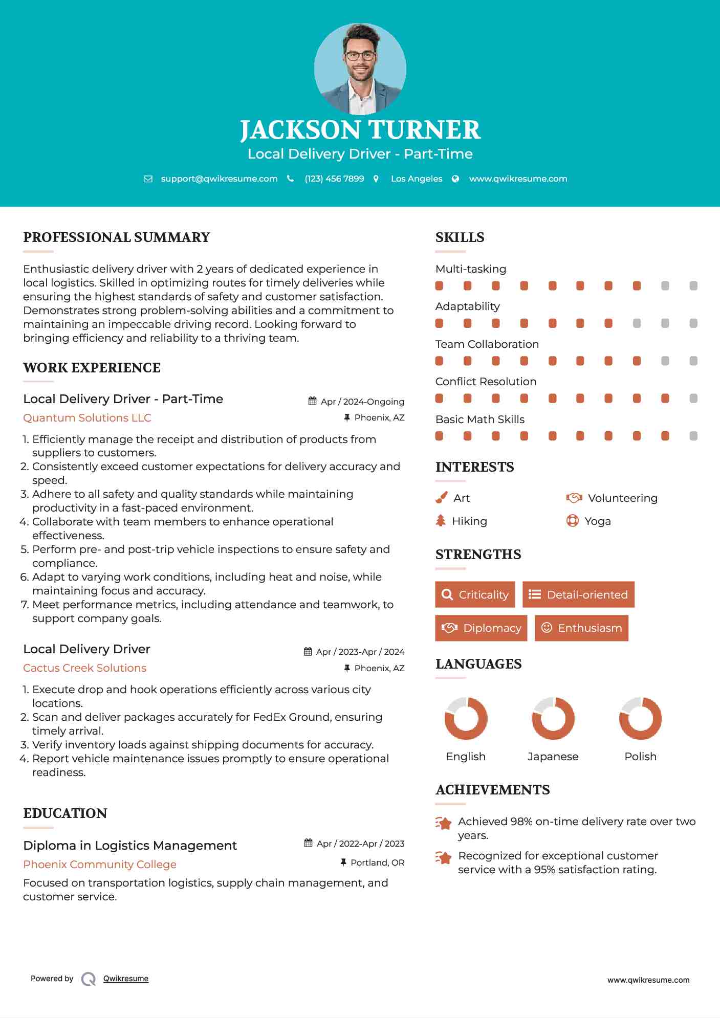 Local Delivery Driver - Part-Time Resume Format