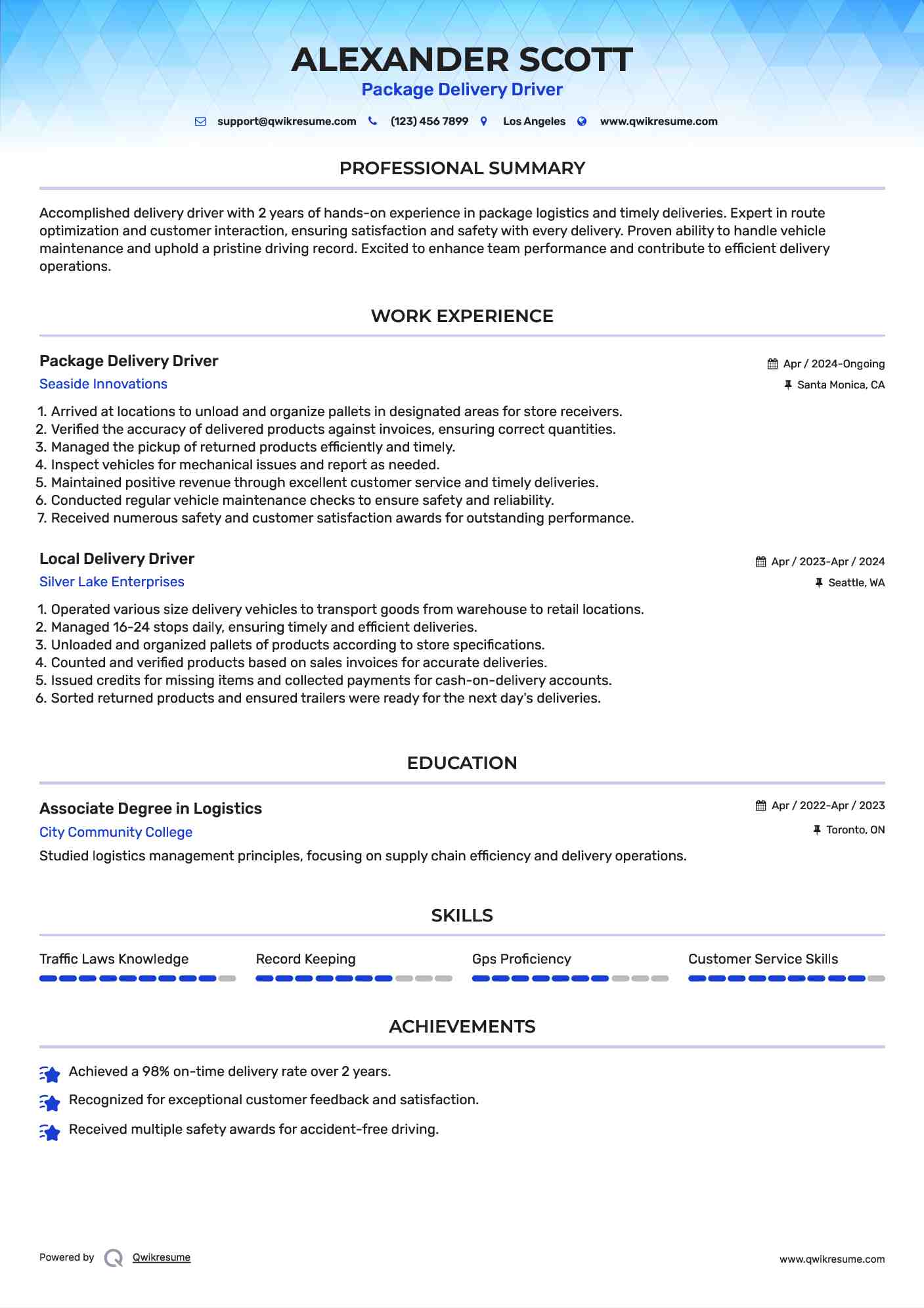 Package Delivery Driver Resume Format