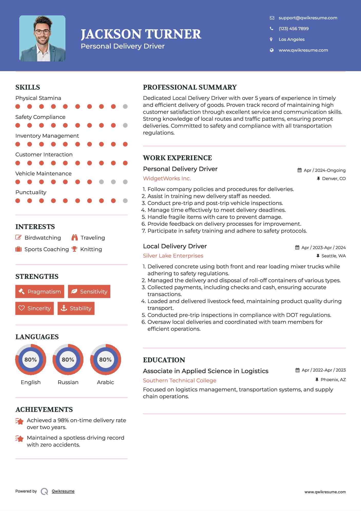 Personal Delivery Driver Resume Example