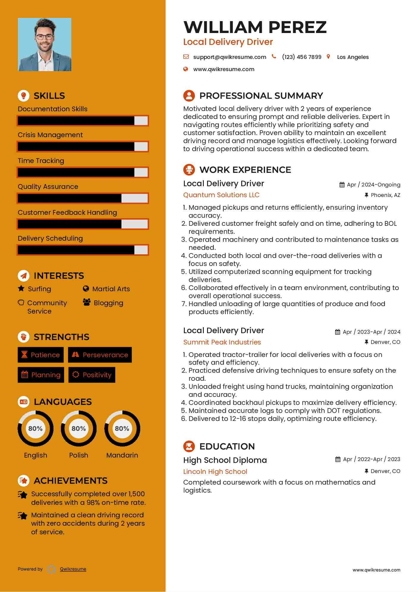 Local Delivery Driver Resume Model