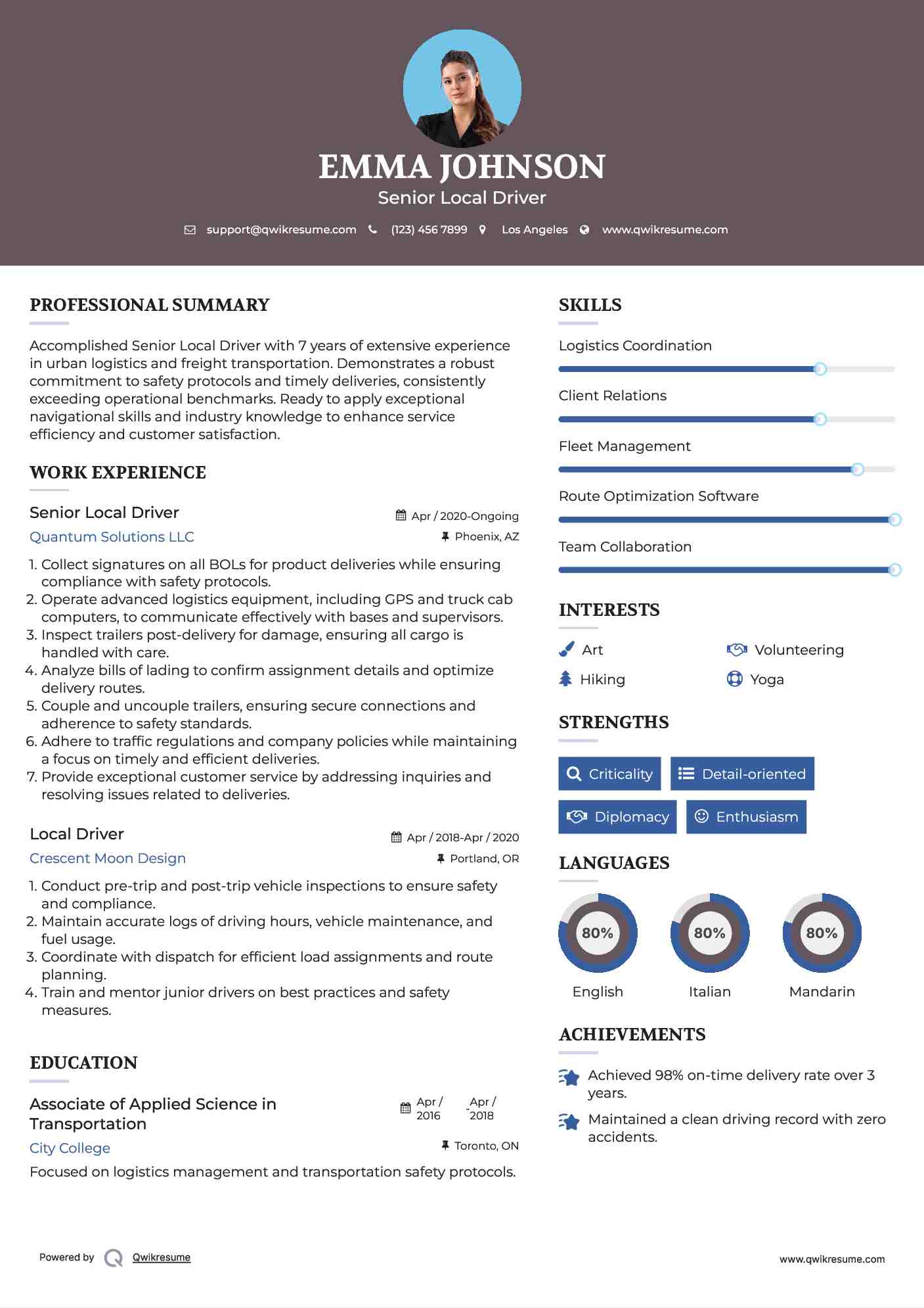 Senior Local Driver Resume Model