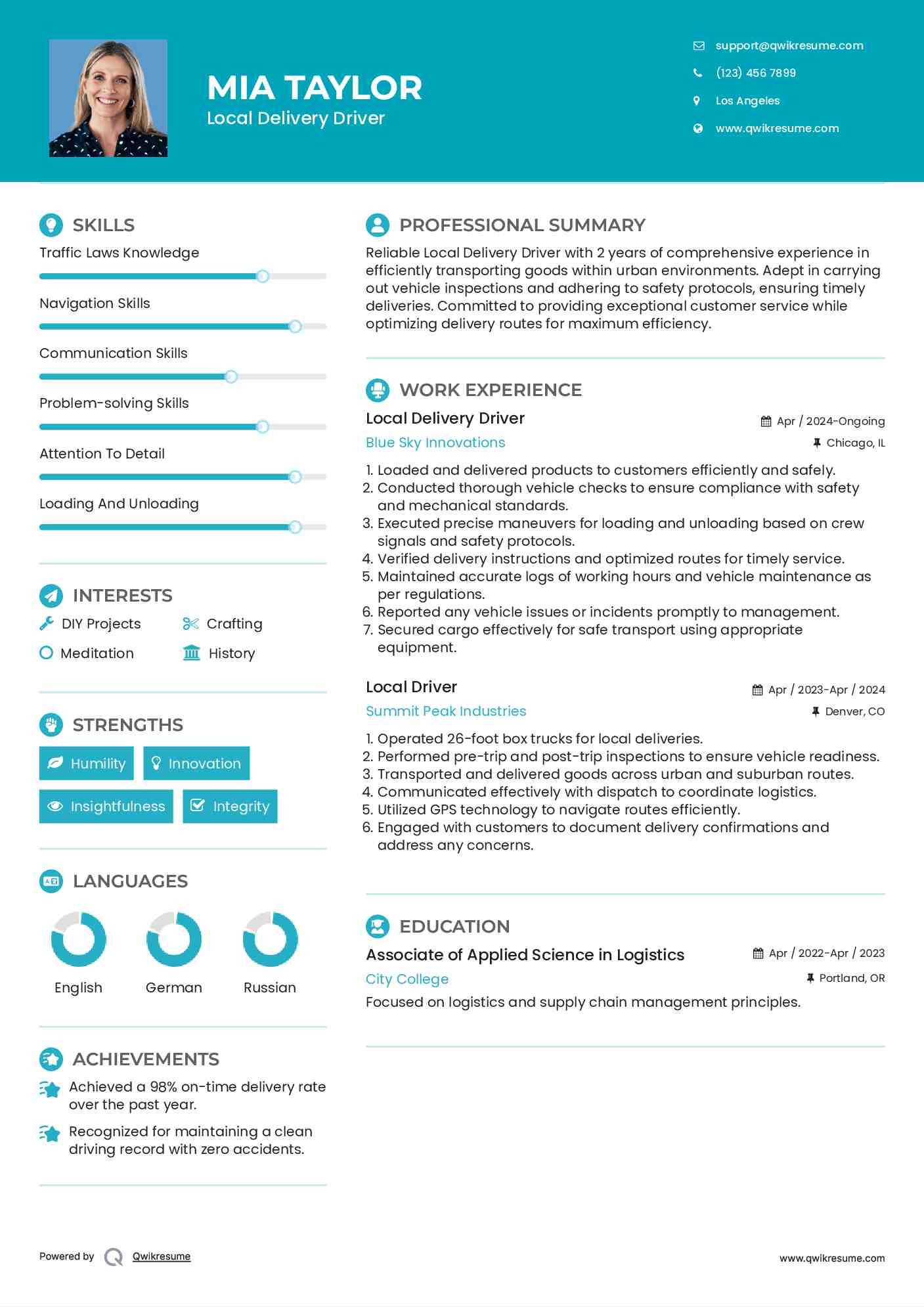 Local Delivery Driver Resume Model