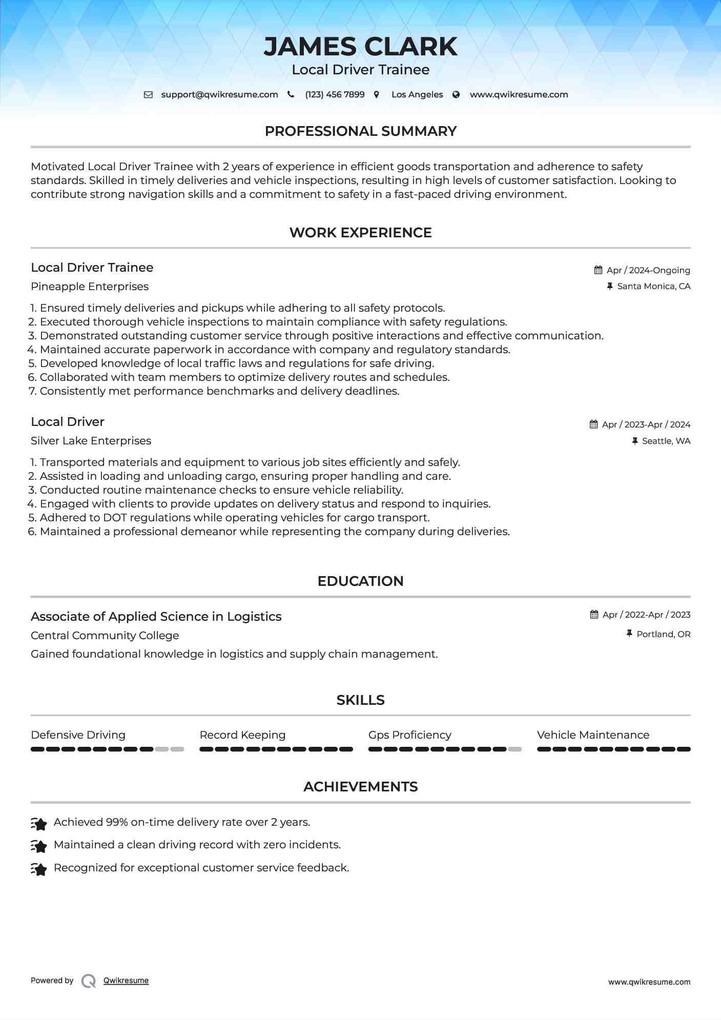 Local Driver Trainee Resume Model