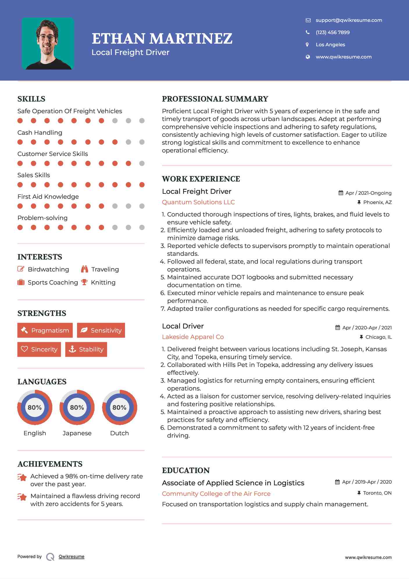 Local Freight Driver Resume Template