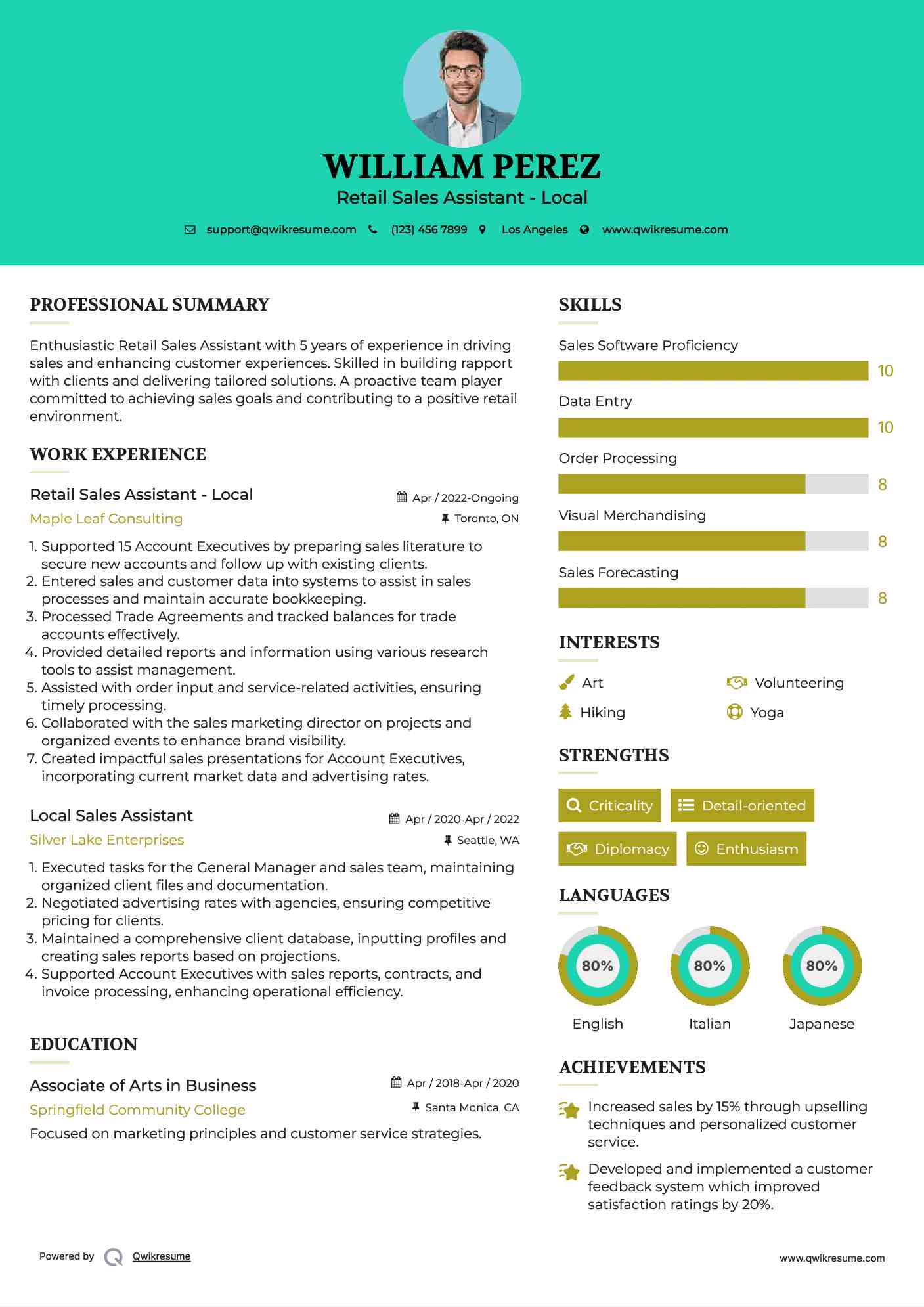 Retail Sales Assistant - Local Resume Example