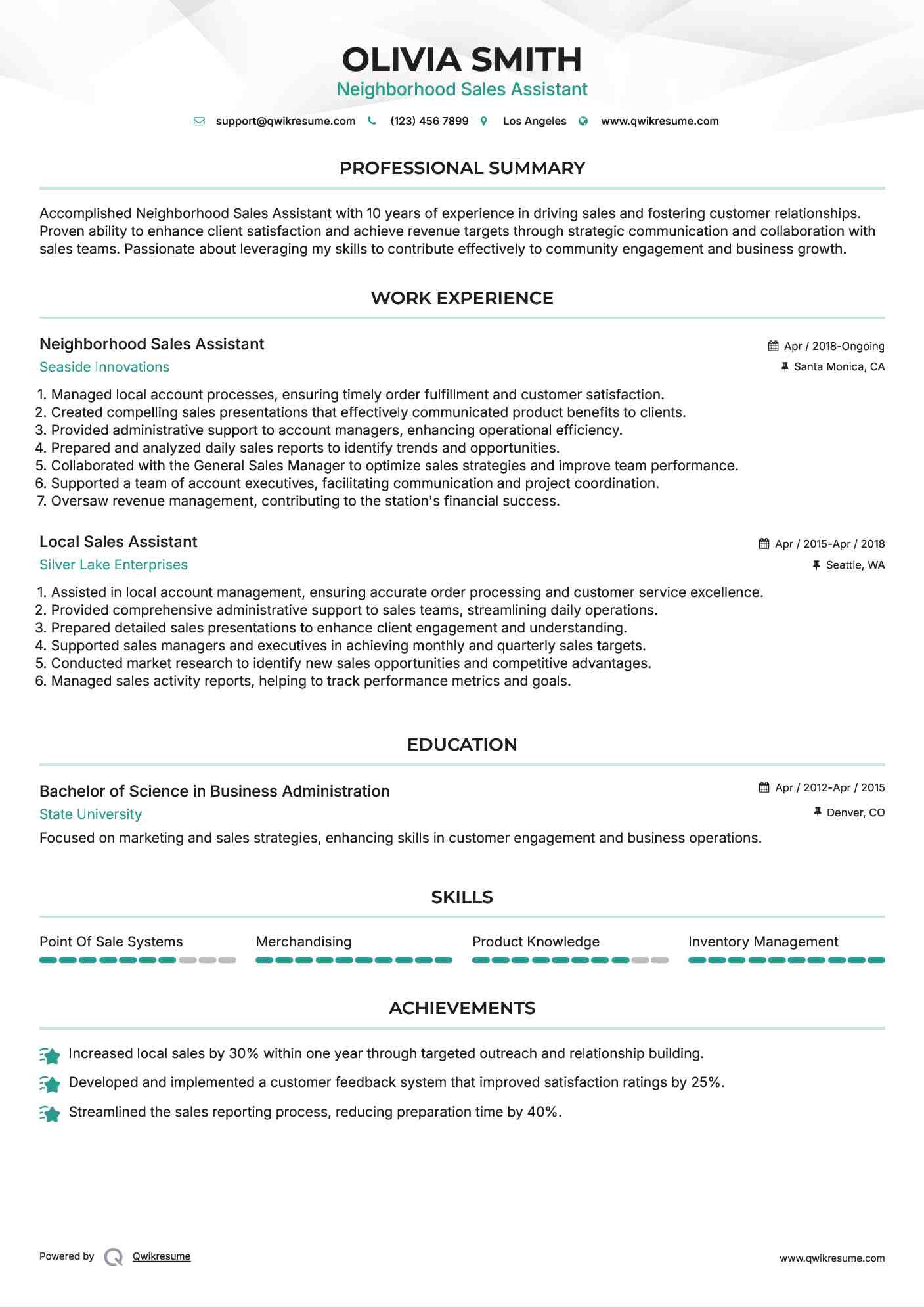 Neighborhood Sales Assistant Resume Model