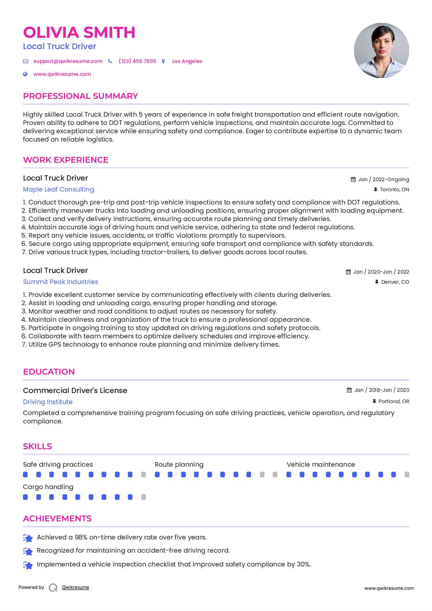 Local Truck Driver Resume Sample