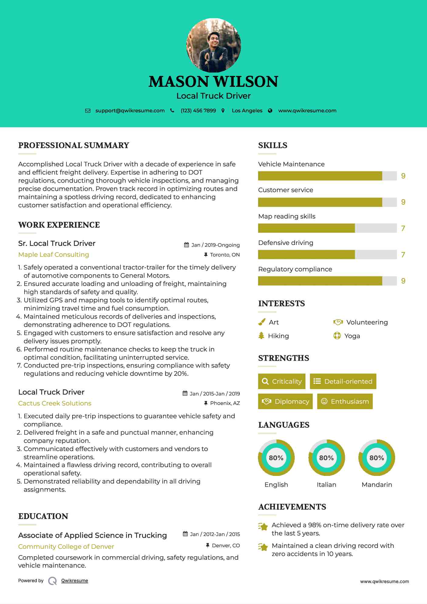 Sr. Local Truck Driver Resume Sample