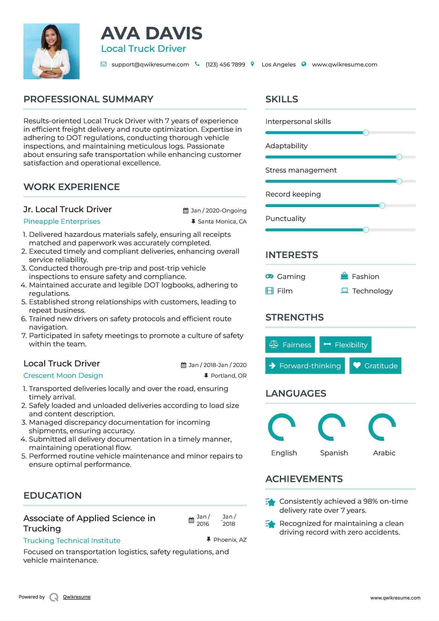 Jr. Local Truck Driver Resume Model