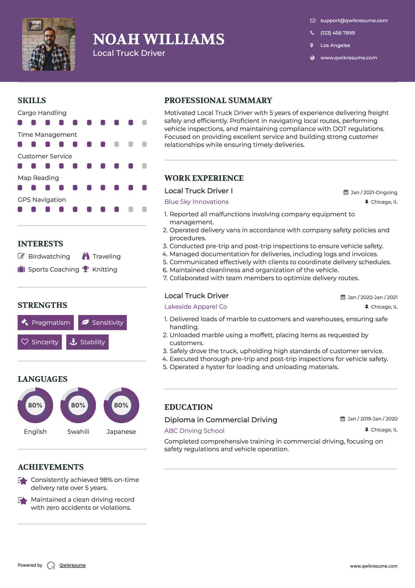 Local Truck Driver I Resume Example