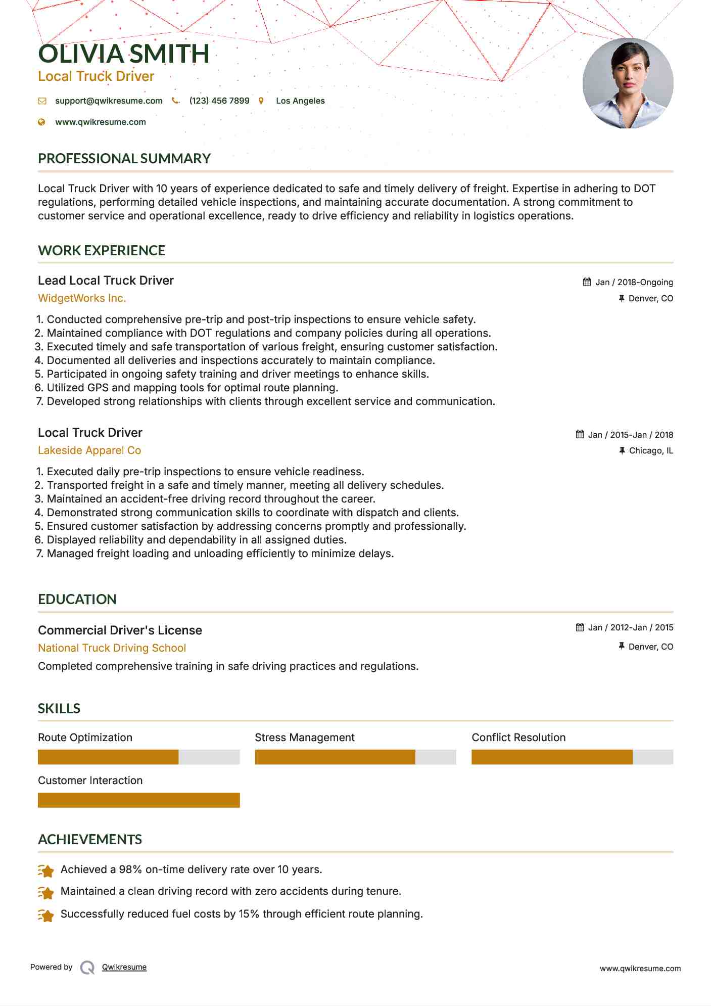 Lead Local Truck Driver Resume Format