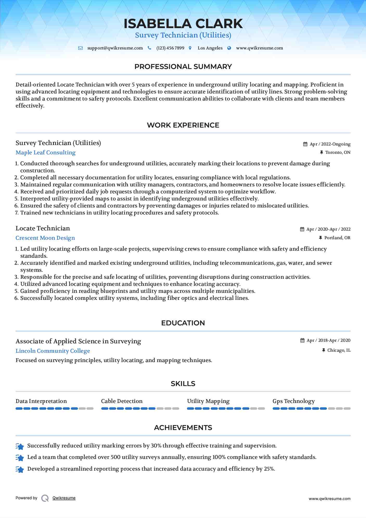 Survey Technician (Utilities) Resume Example