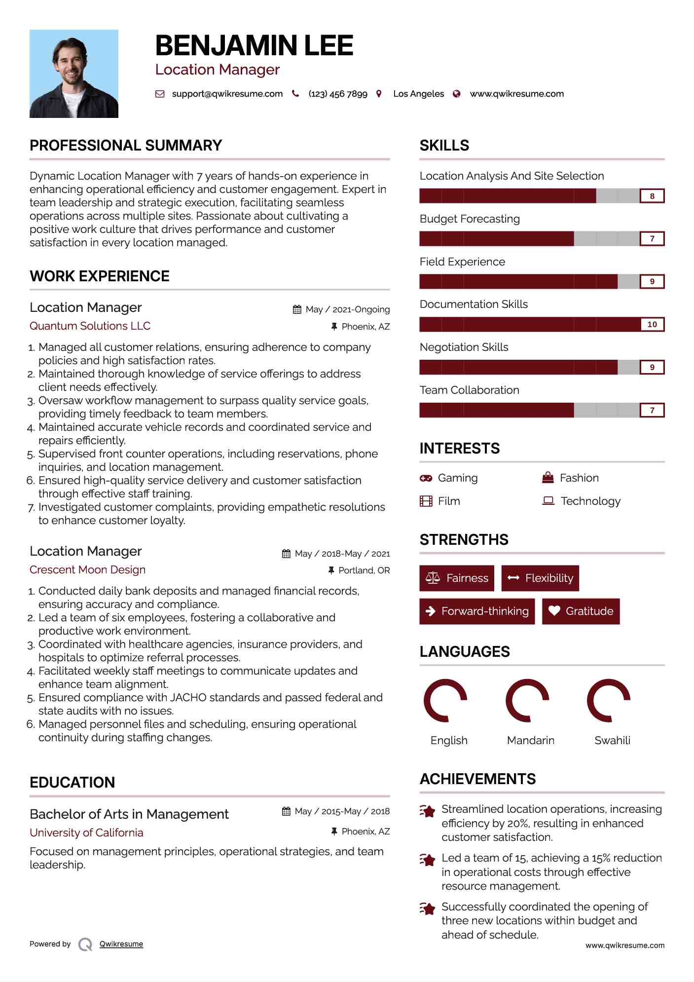 Location Manager Resume Example