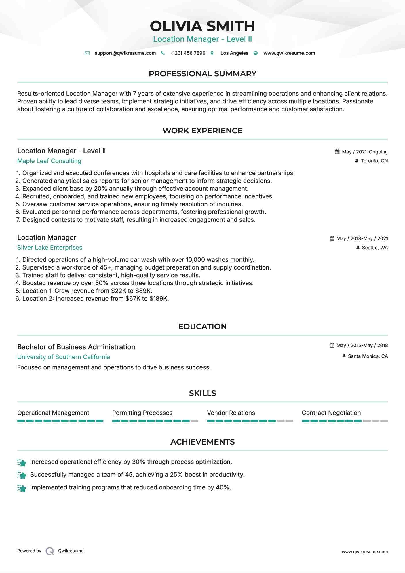 Location Manager - Level II Resume Model